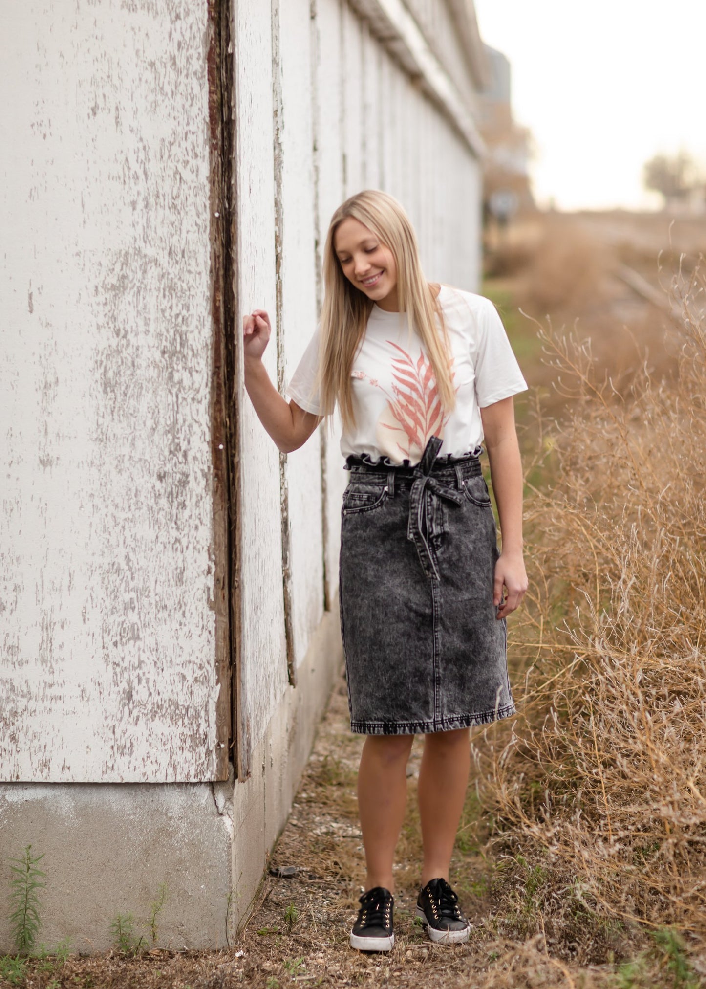 Paperbag Belted Acid Wash Denim Midi Skirt Skirts Tea N Rose