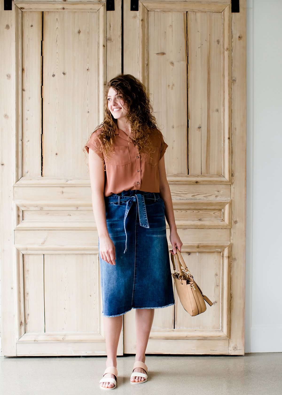 paper bag style dark denim skirt