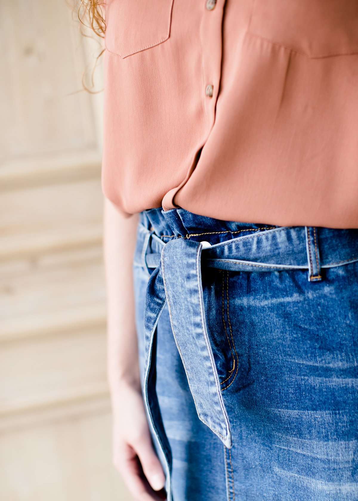 paper bag style dark denim skirt
