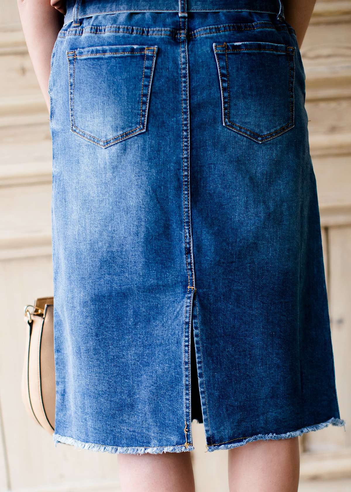paper bag style dark denim skirt