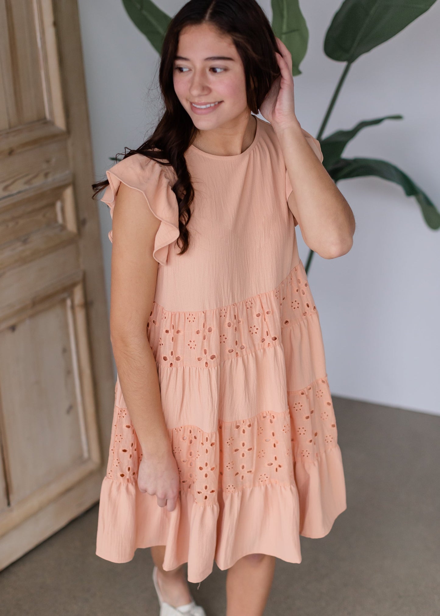 Peach Ruffle Sleeve Tiered Midi Dress Dresses Hailey & Co