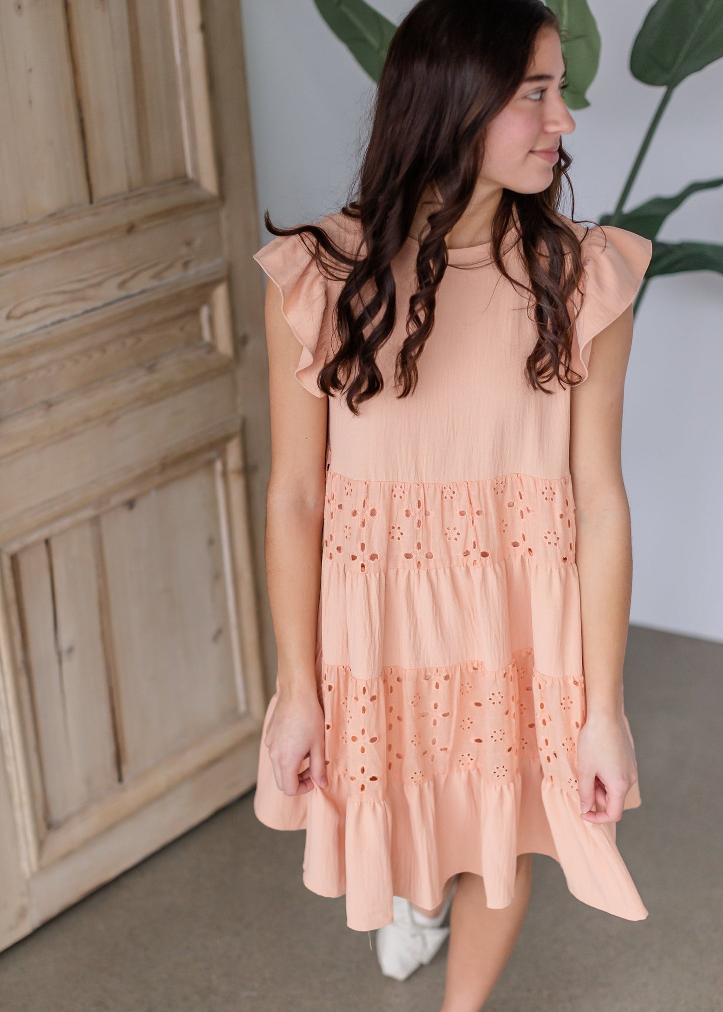 Peach Ruffle Sleeve Tiered Midi Dress Dresses Hailey & Co