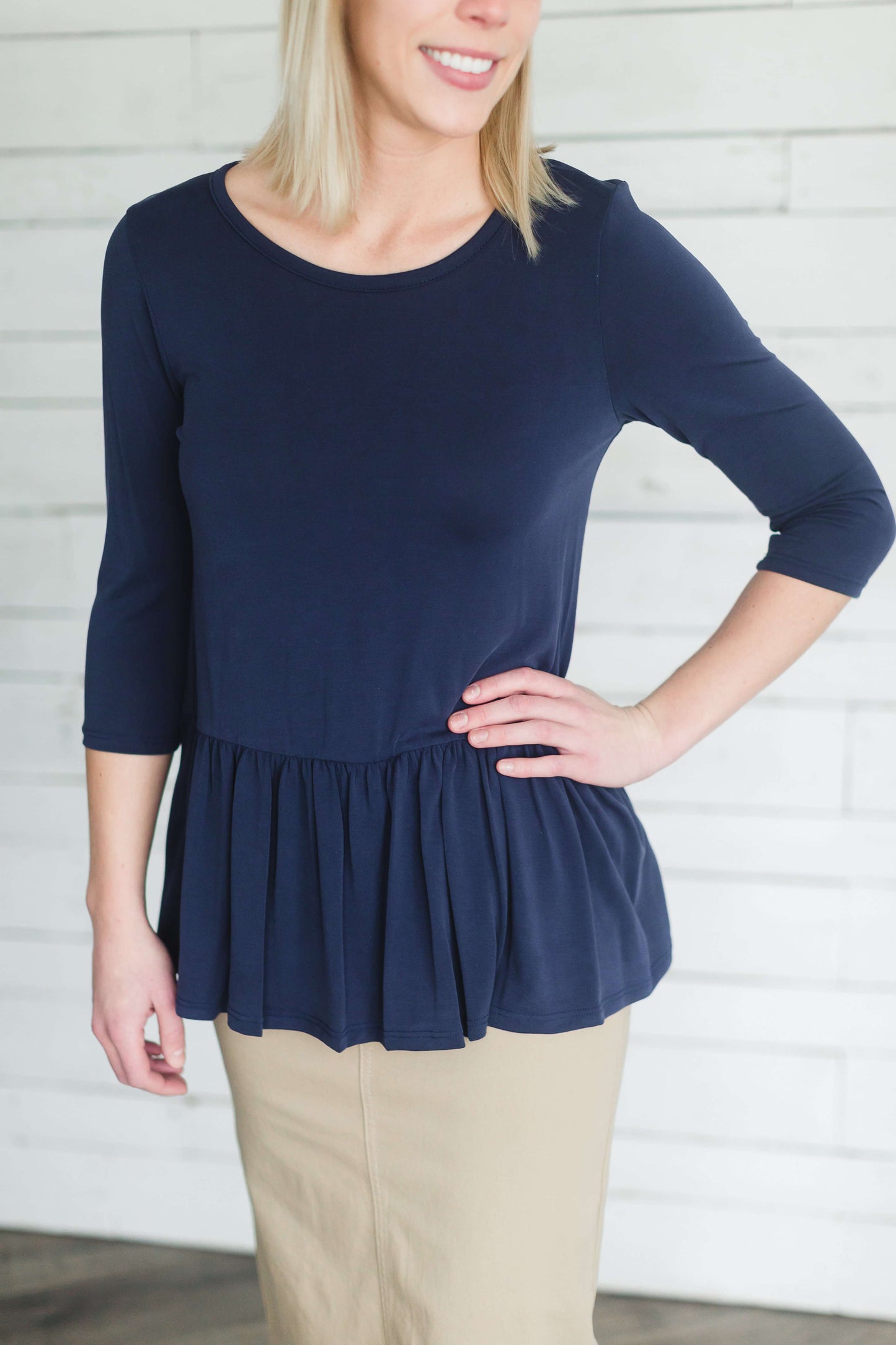 Peplum Solid Top-FINAL SALE Tops Navy / S