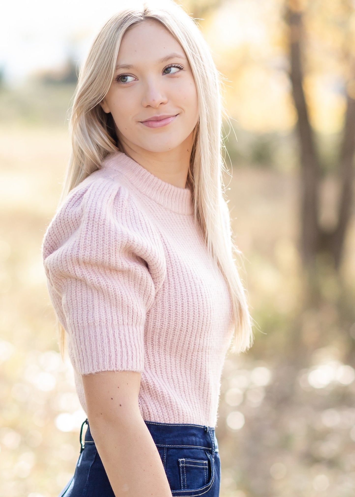 Pink Pleated Ribbed Knit Sweater Tops Inherit