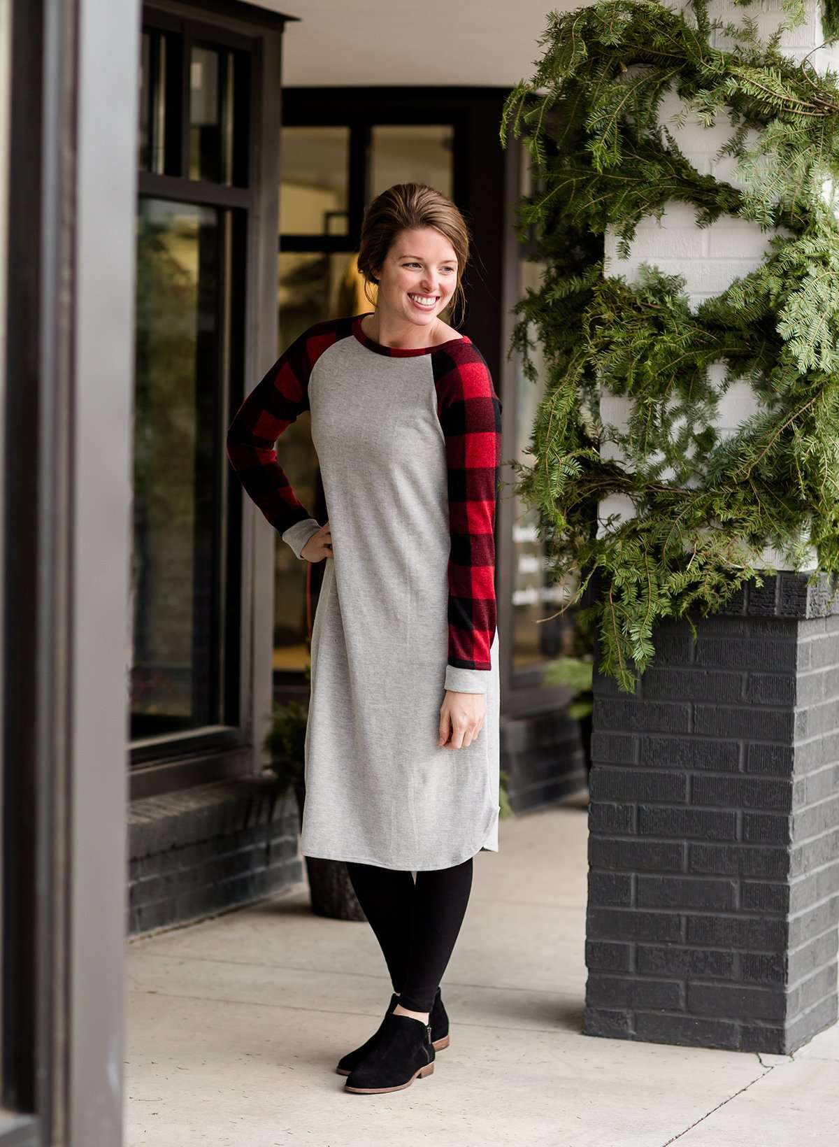 Plaid Fleece Knit Midi Dress - FINAL SALE Dresses Heather Gray / S