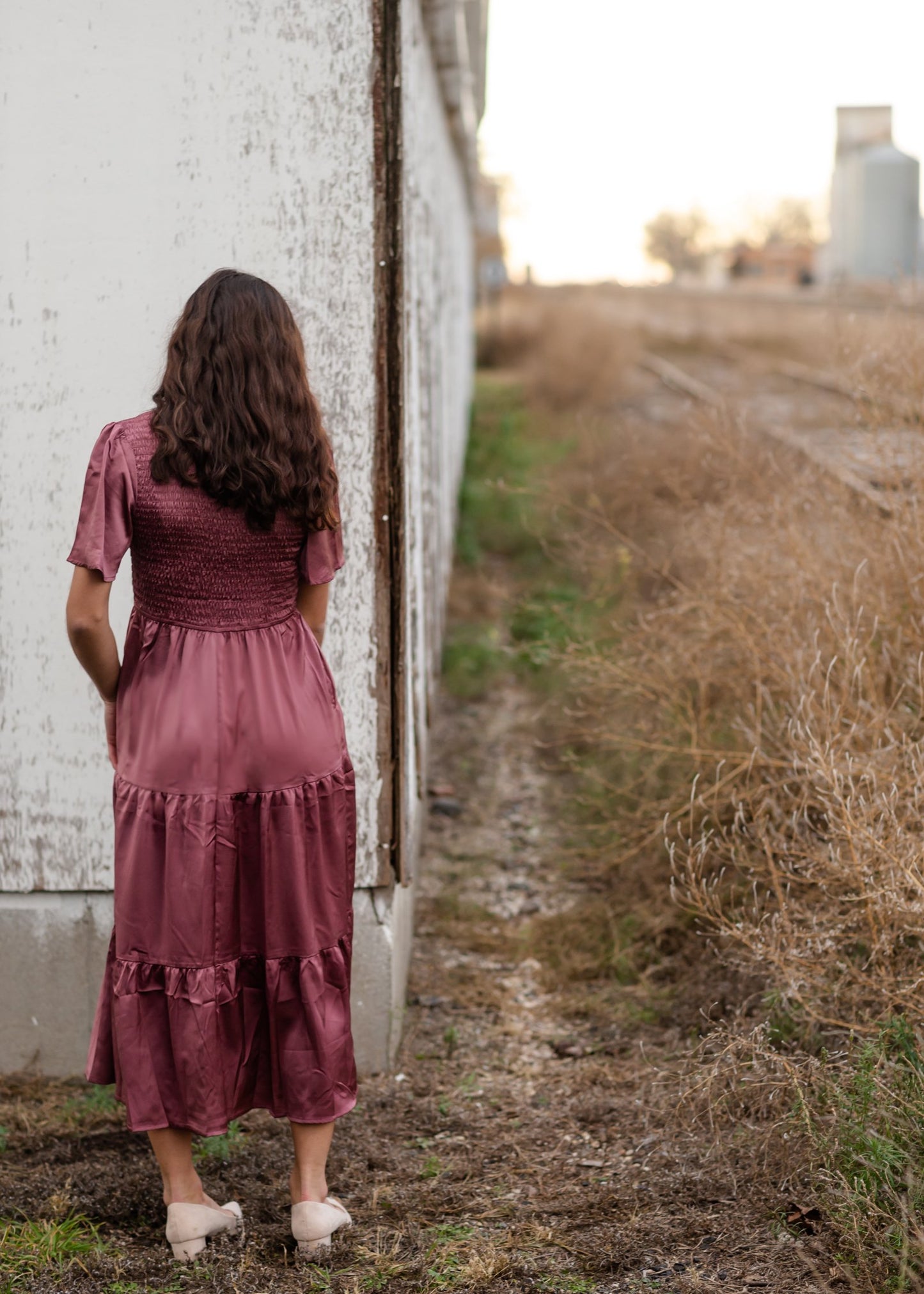 Plum Smocked V-Neck Tiered Midi Dress Dresses Polagram + BaeVely