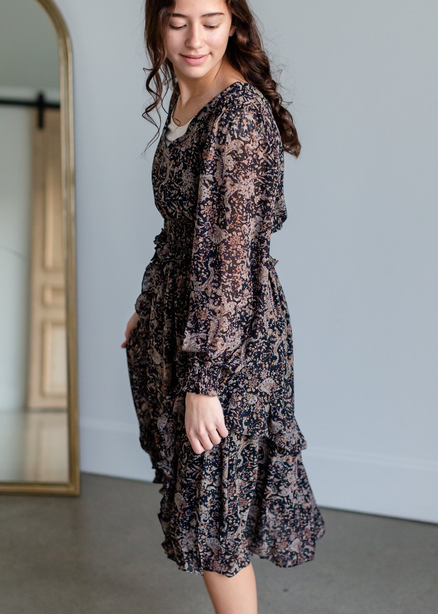 Printed Ruffle Midi Dress Dresses Grade & Gather