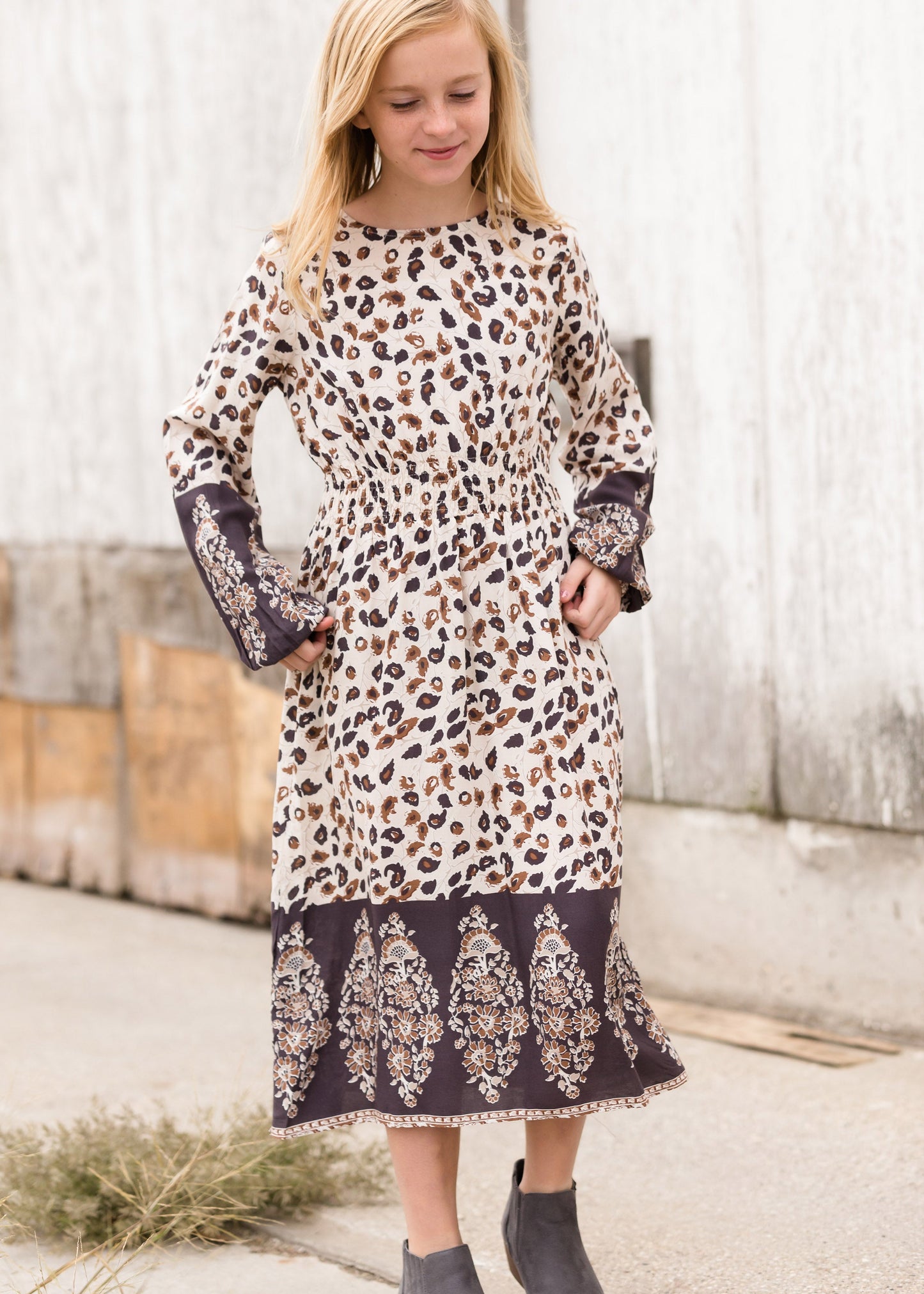 Printed Smock Neutral Midi Dress Dresses