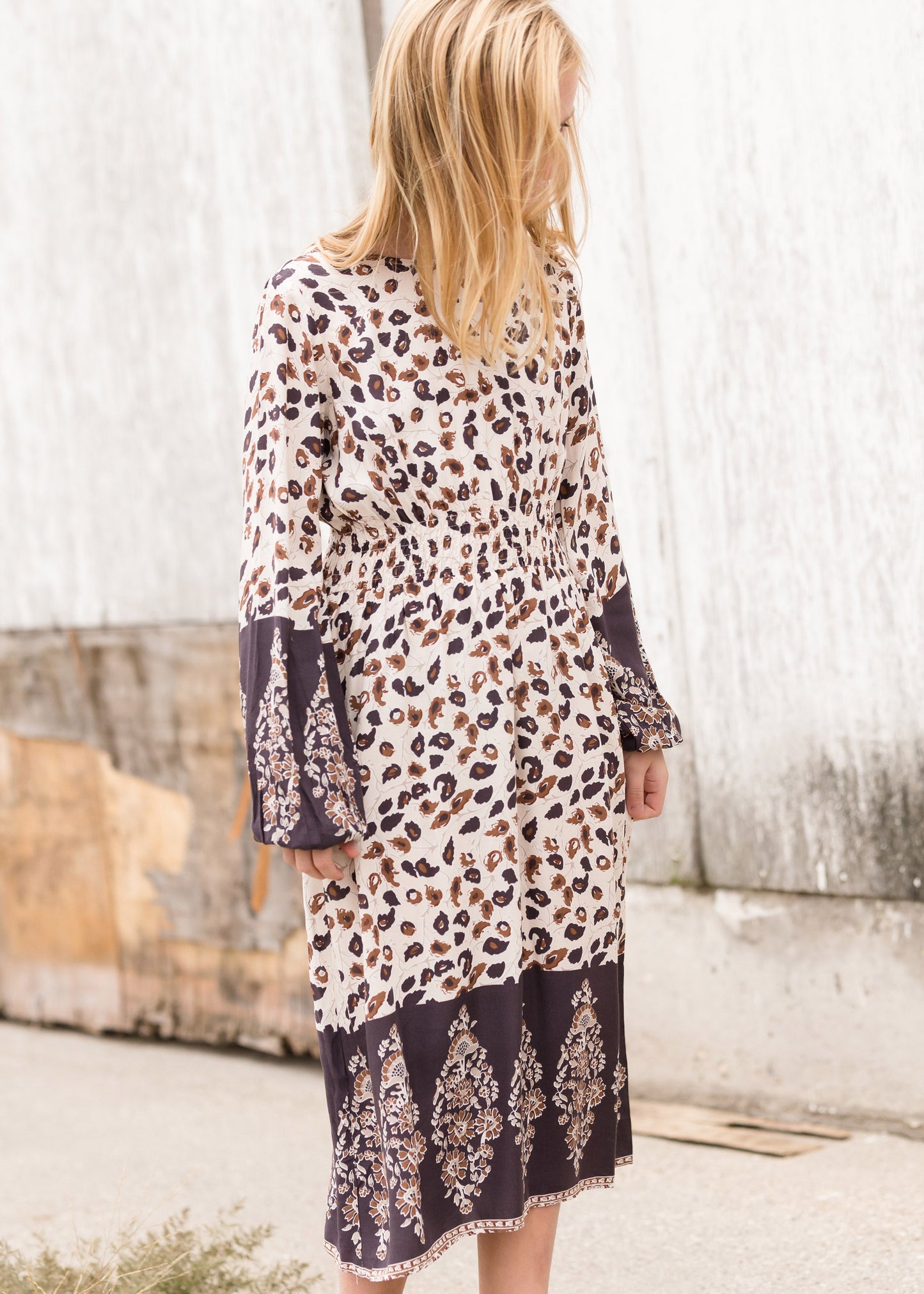 Printed Smock Neutral Midi Dress Dresses