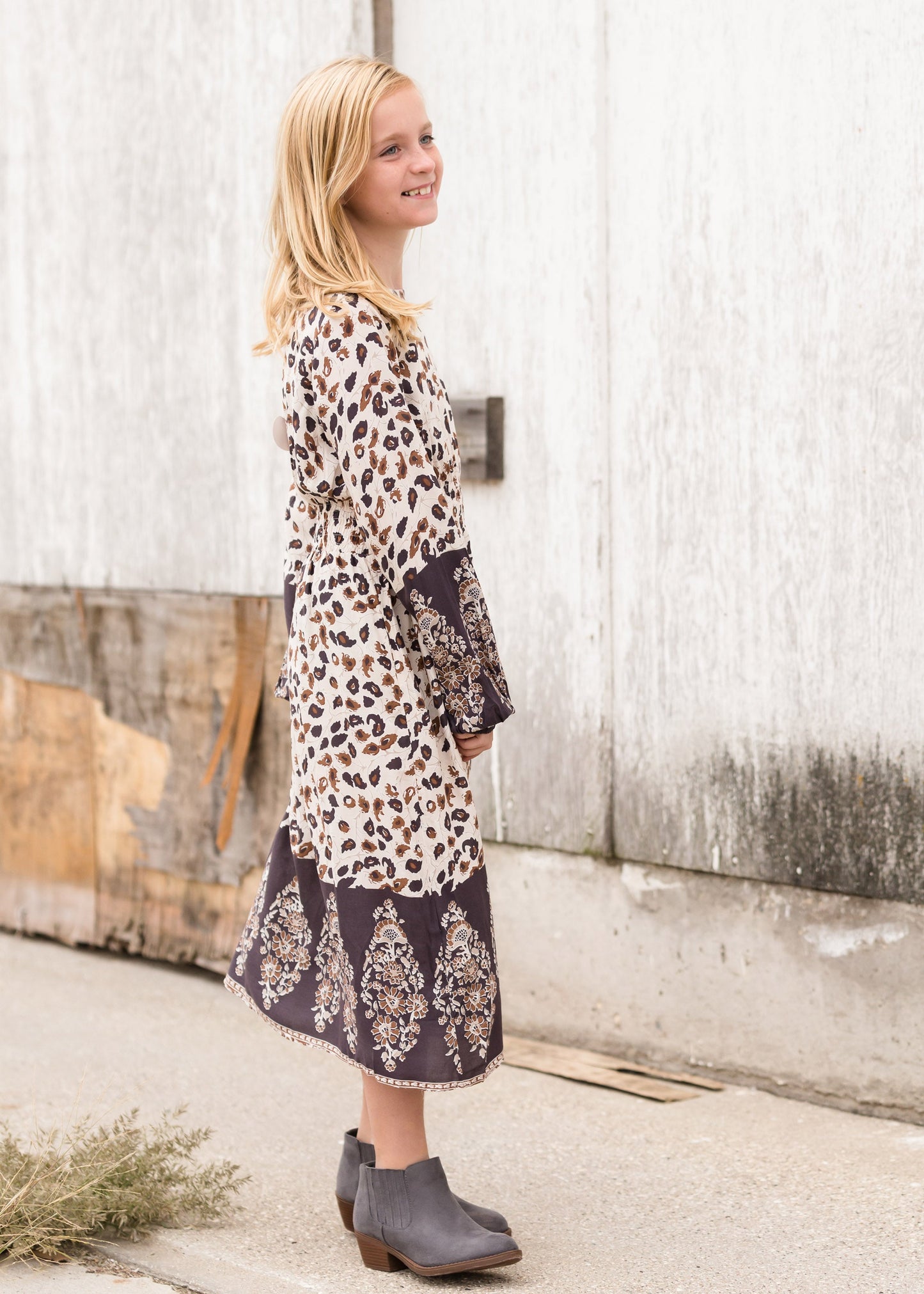 Printed Smock Neutral Midi Dress Dresses