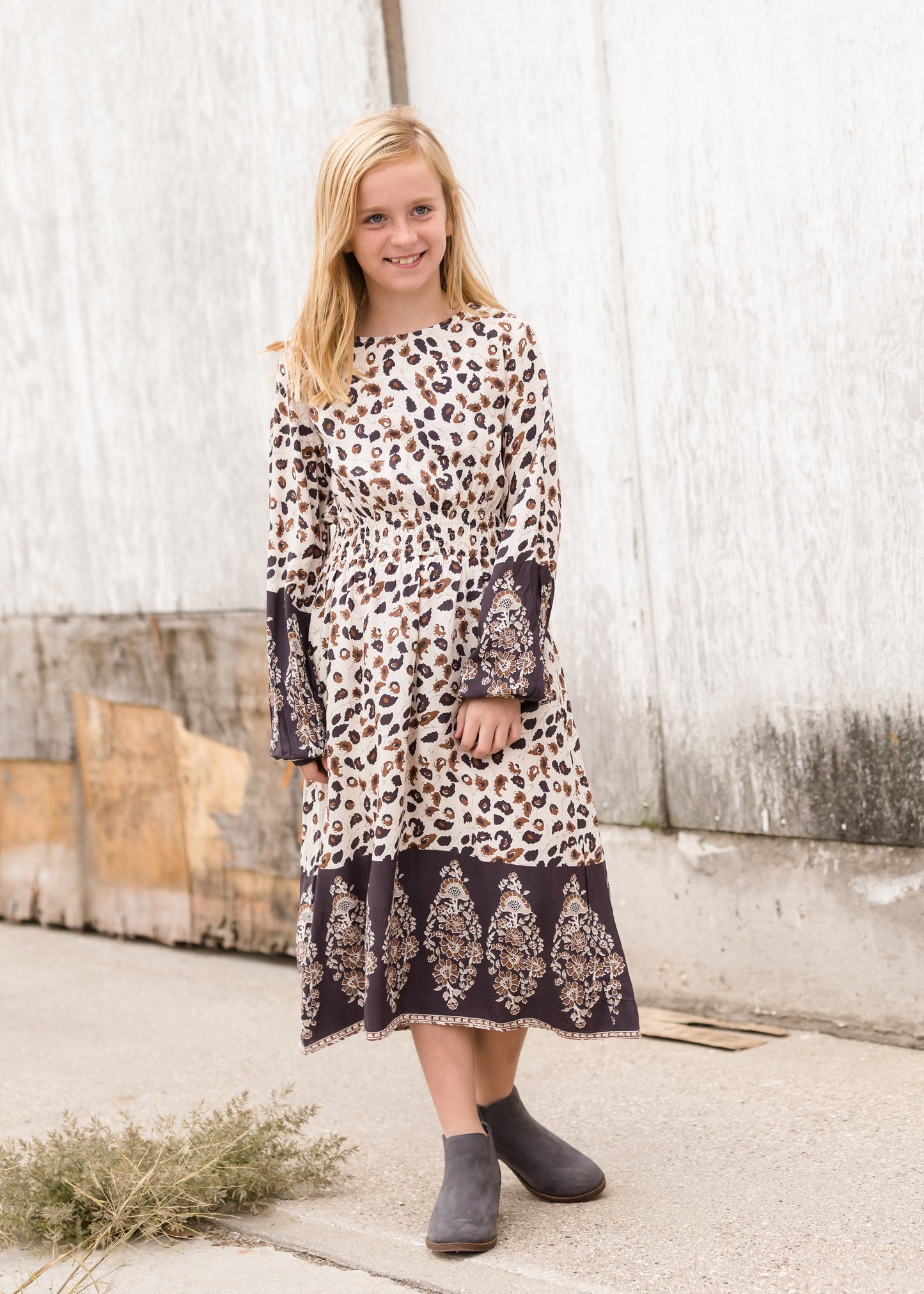 Printed Smock Neutral Midi Dress Dresses