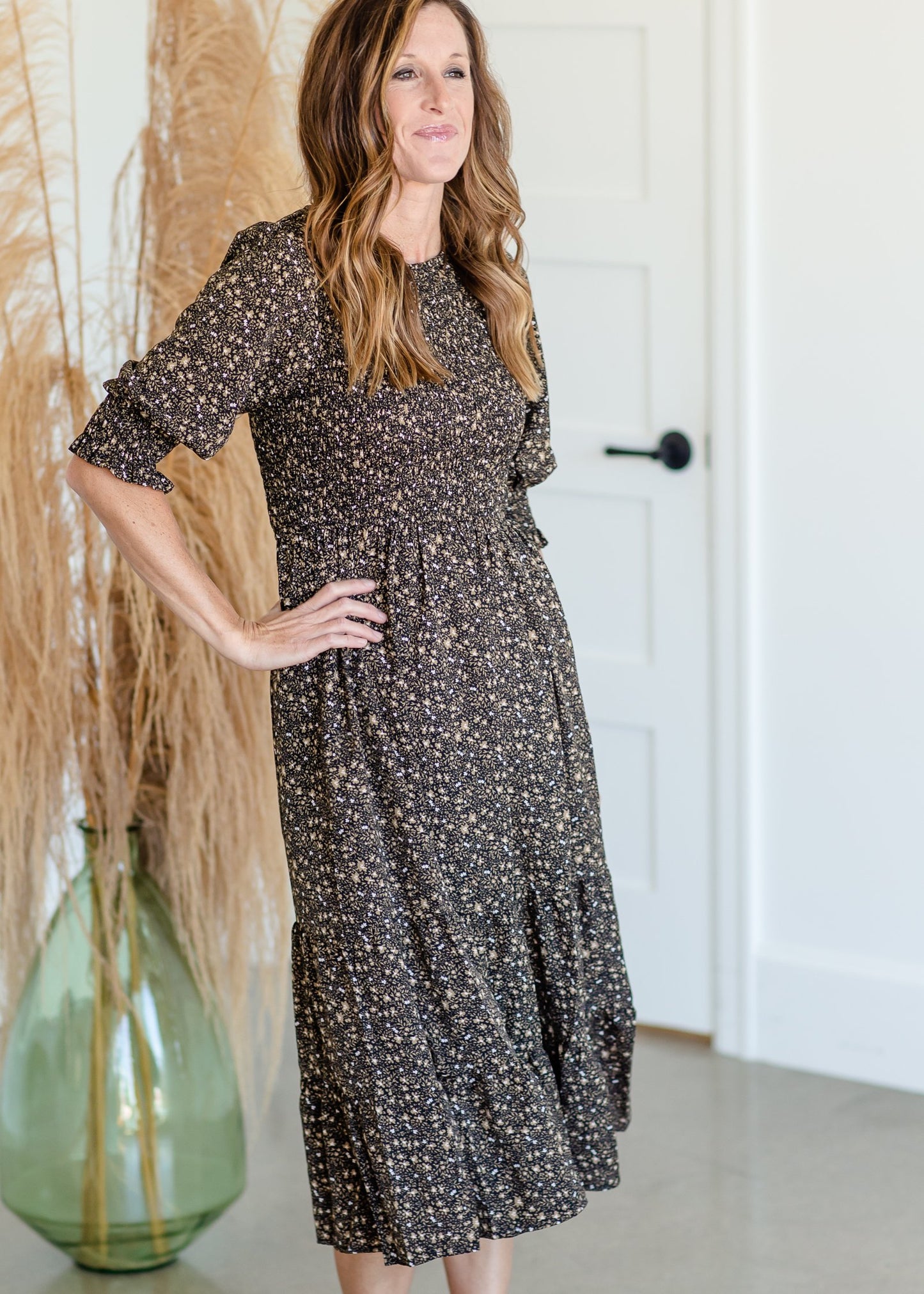 Puff Sleeve Smocked Bodice Round Neck Tiered Midi Dress Dresses Polagram