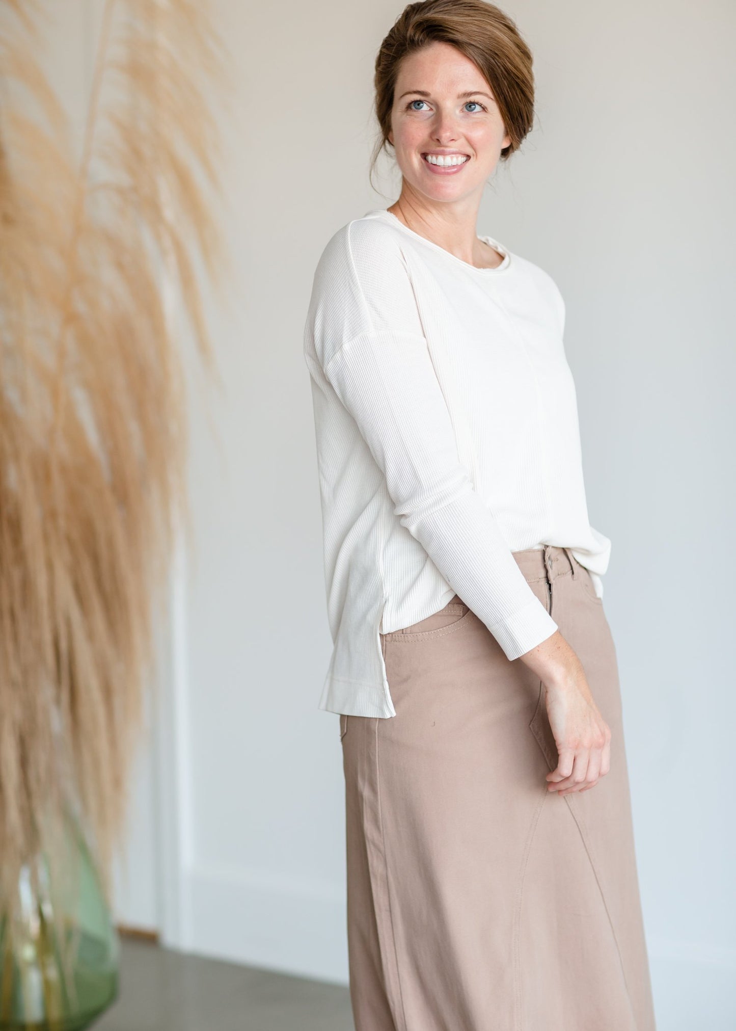 Raw Edge Round Neck Long Sleeve Waffle Knit Top Tops Thread & Supply Cream / XS