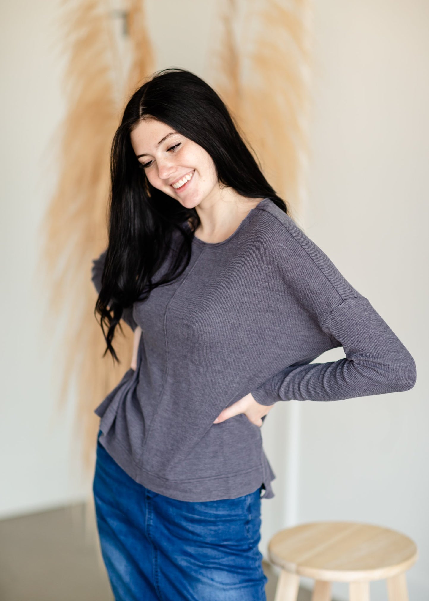 Raw Edge Round Neck Long Sleeve Waffle Knit Top Tops Thread & Supply Gray / XS