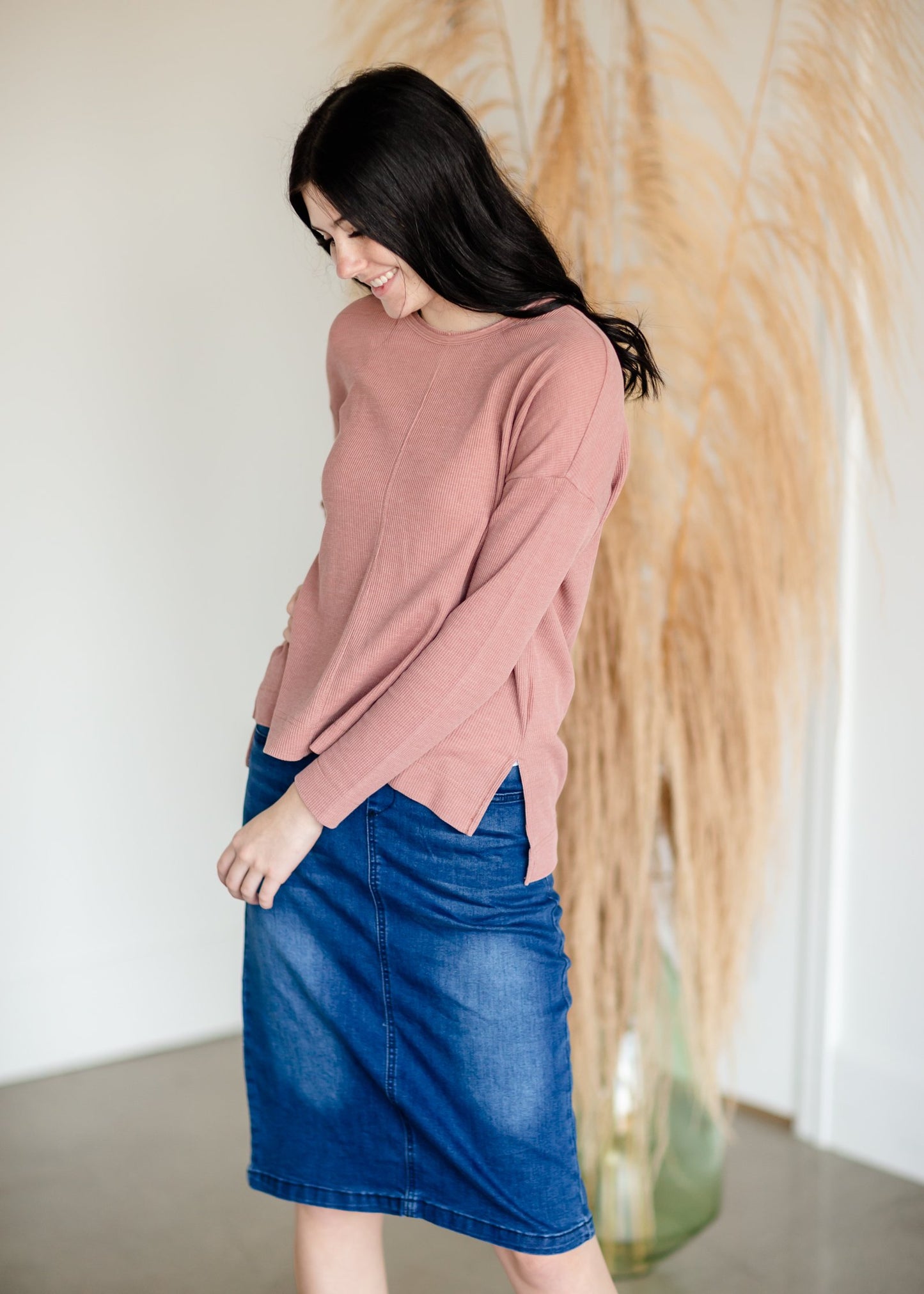 Raw Edge Round Neck Long Sleeve Waffle Knit Top Tops Thread & Supply Pink / XS