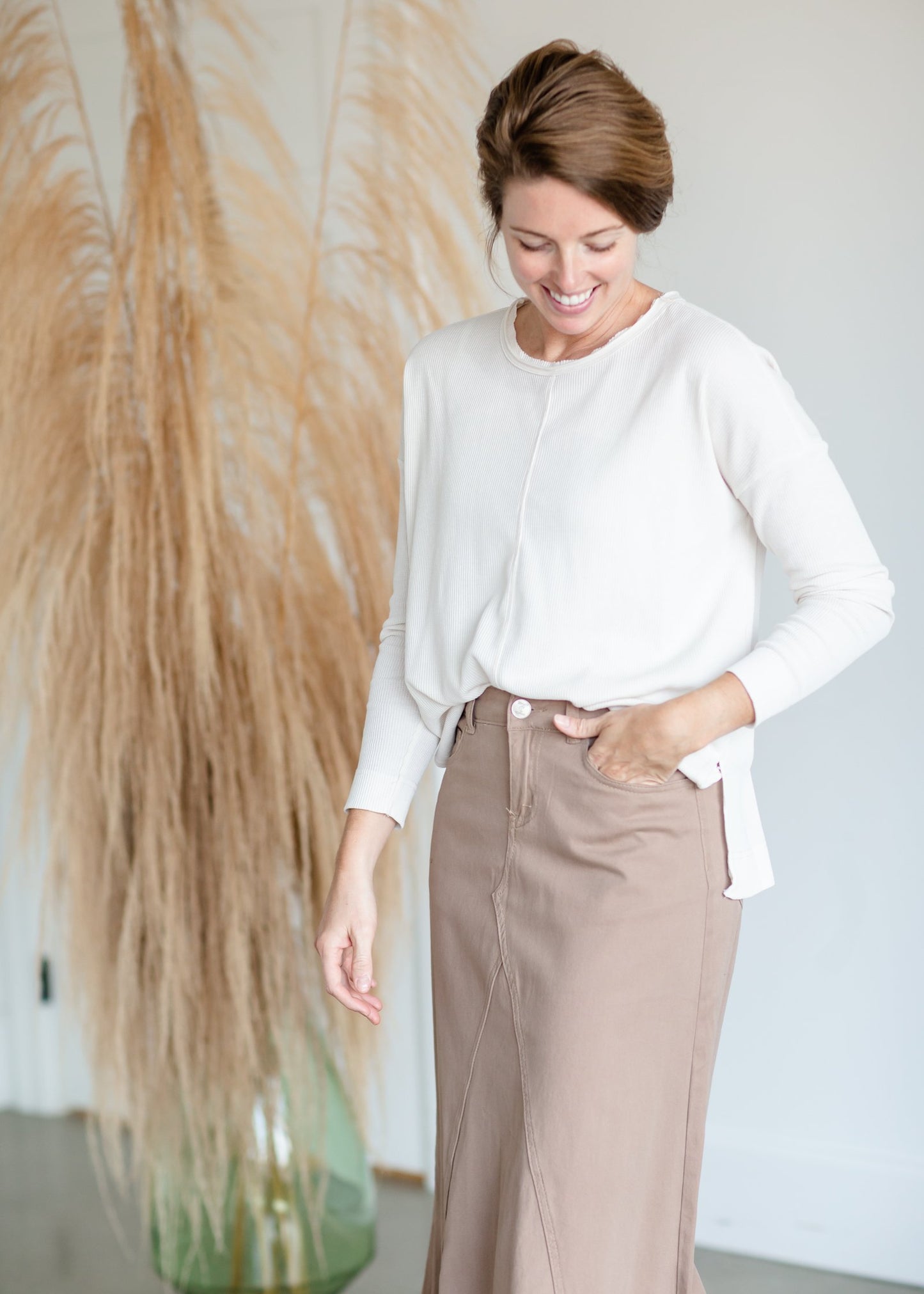 Raw Edge Round Neck Long Sleeve Waffle Knit Top Tops Thread & Supply