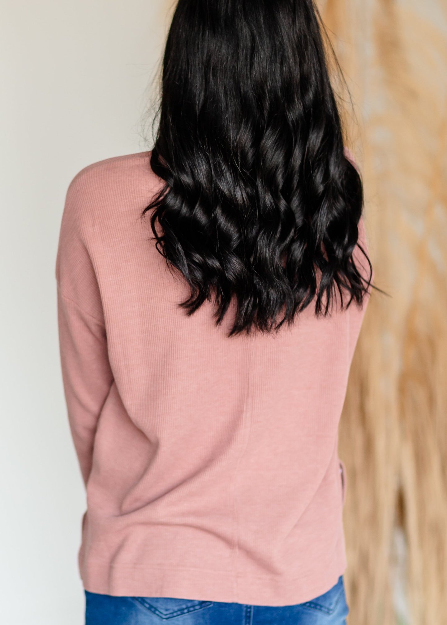 Raw Edge Round Neck Long Sleeve Waffle Knit Top Tops Thread & Supply