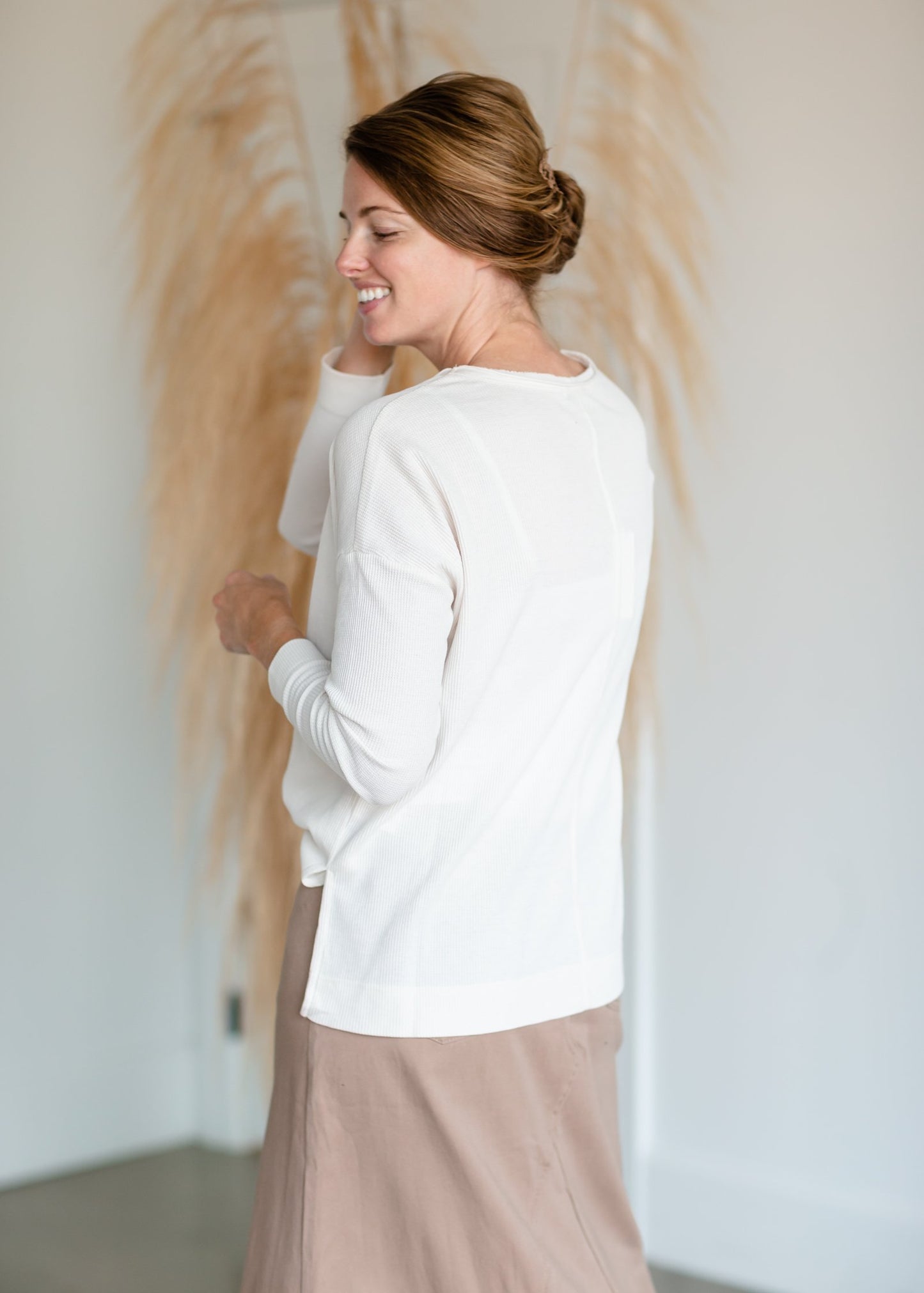 Raw Edge Round Neck Long Sleeve Waffle Knit Top Tops Thread & Supply