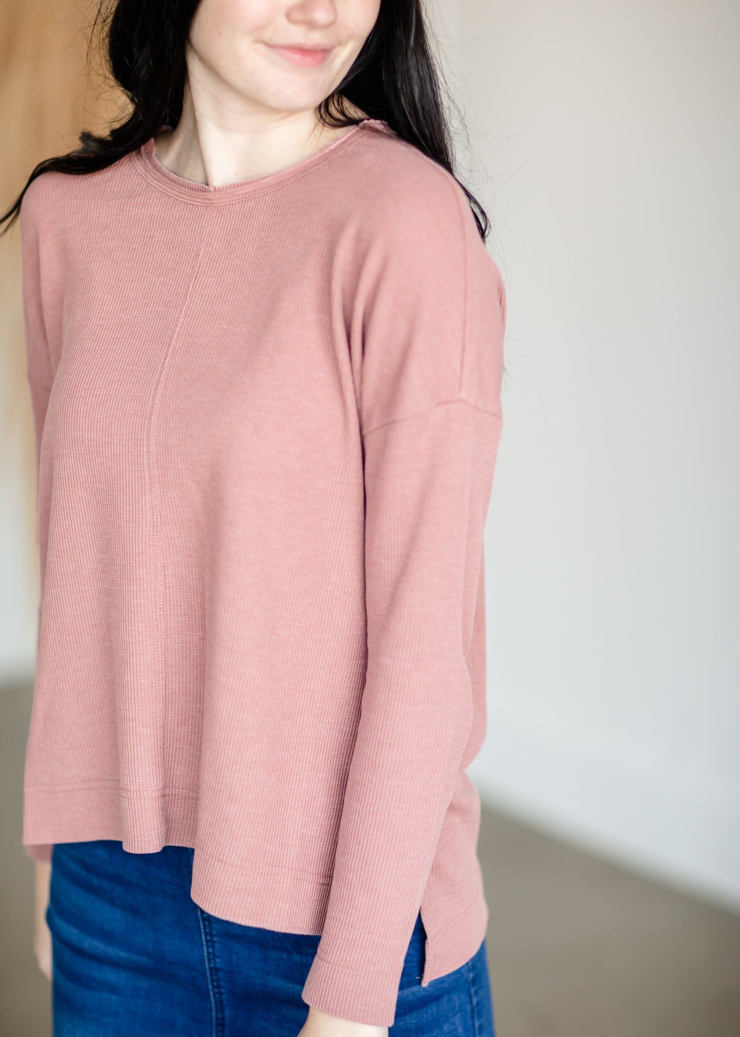Raw Edge Round Neck Long Sleeve Waffle Knit Top Tops Thread & Supply