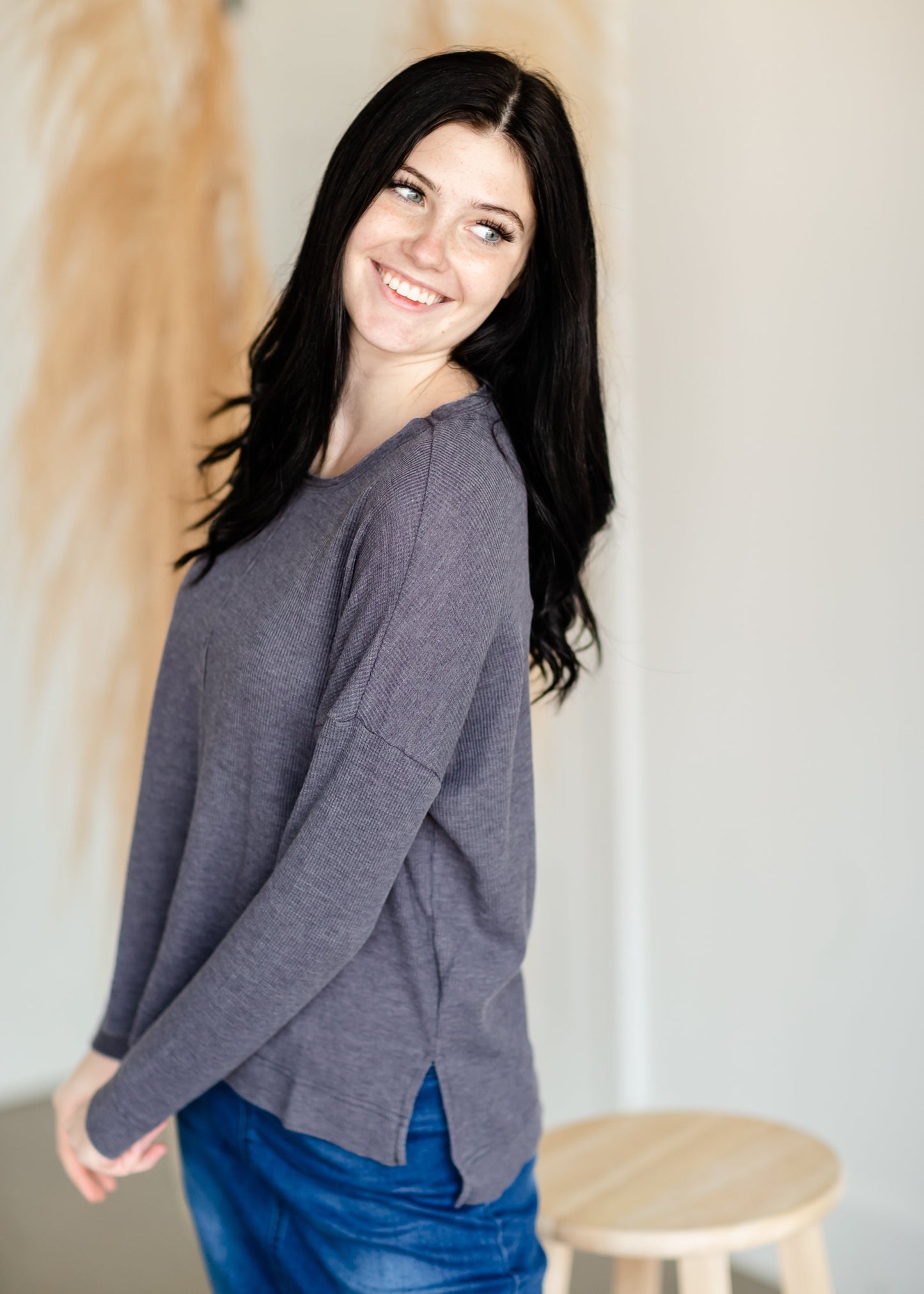 Raw Edge Round Neck Long Sleeve Waffle Knit Top Tops Thread & Supply
