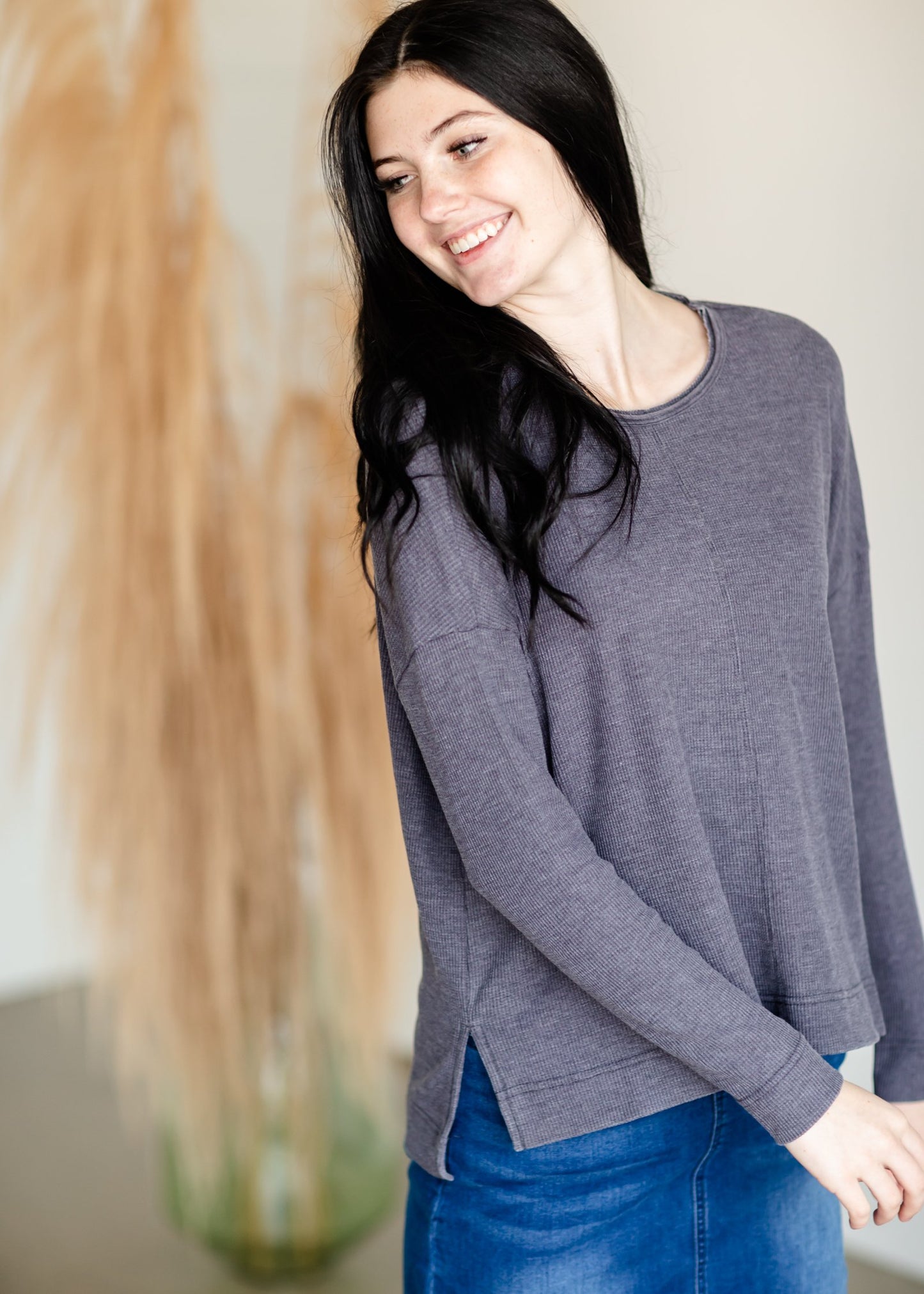 Raw Edge Round Neck Long Sleeve Waffle Knit Top Tops Thread & Supply