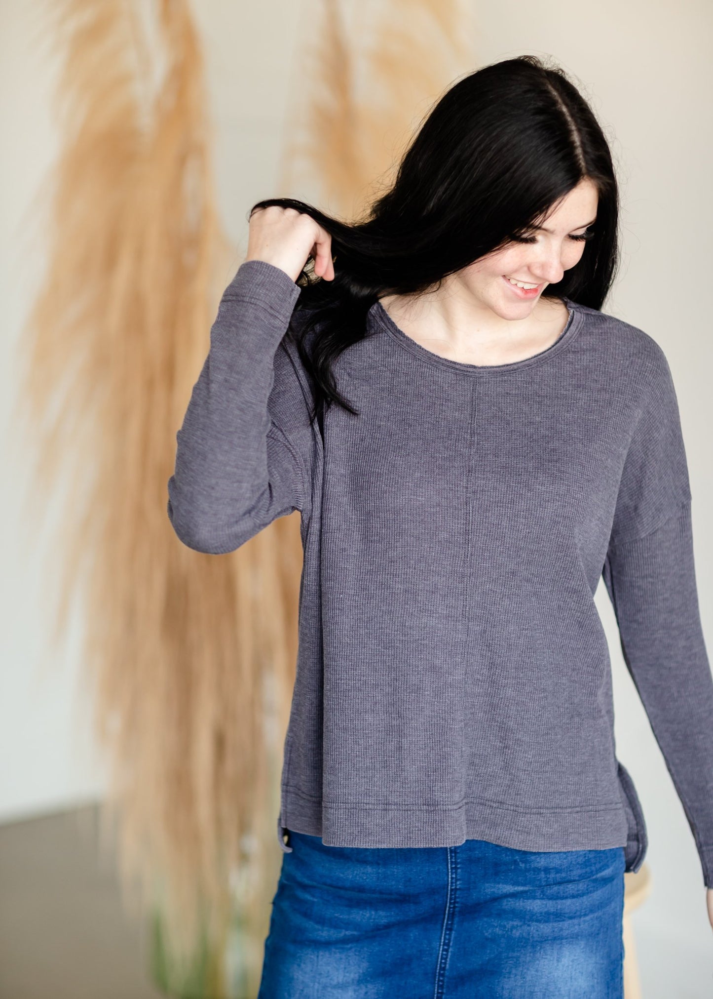 Raw Edge Round Neck Long Sleeve Waffle Knit Top Tops Thread & Supply