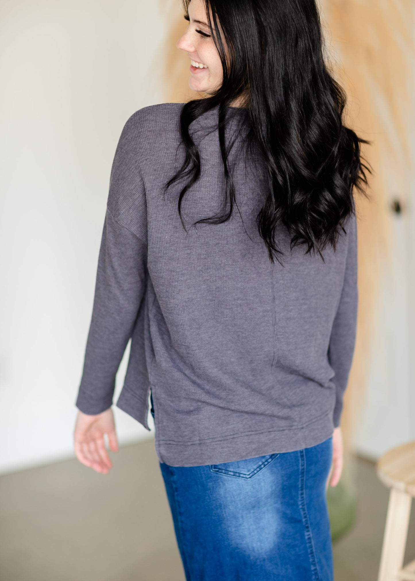 Raw Edge Round Neck Long Sleeve Waffle Knit Top Tops Thread & Supply