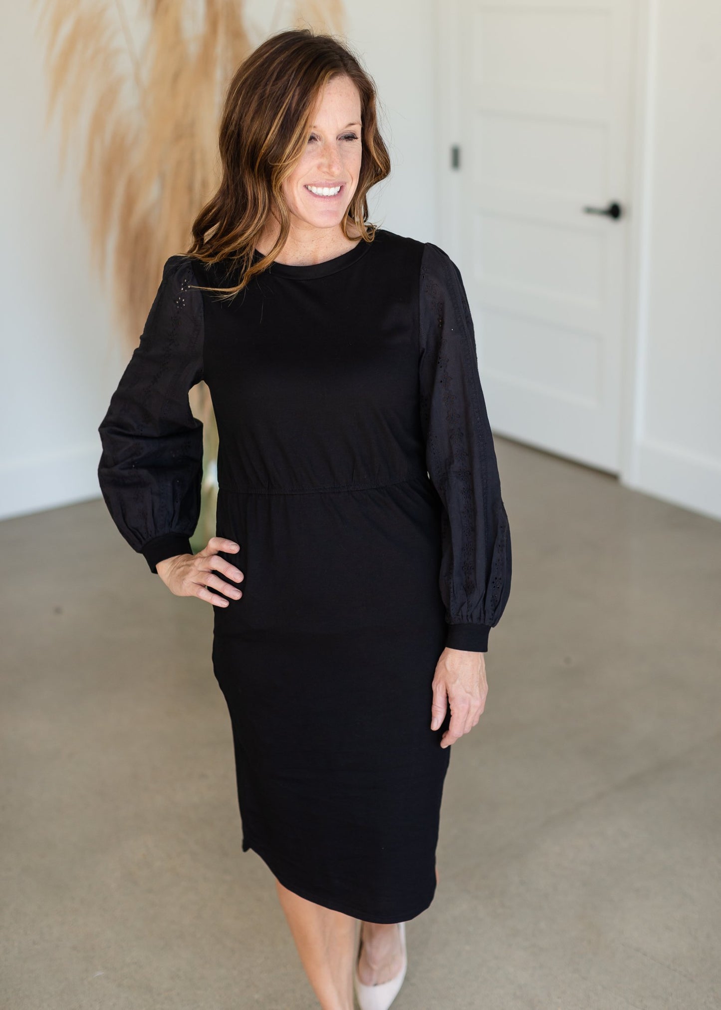 Regan Black Eyelet Puff Sleeve Midi Dress Dresses Mikarose