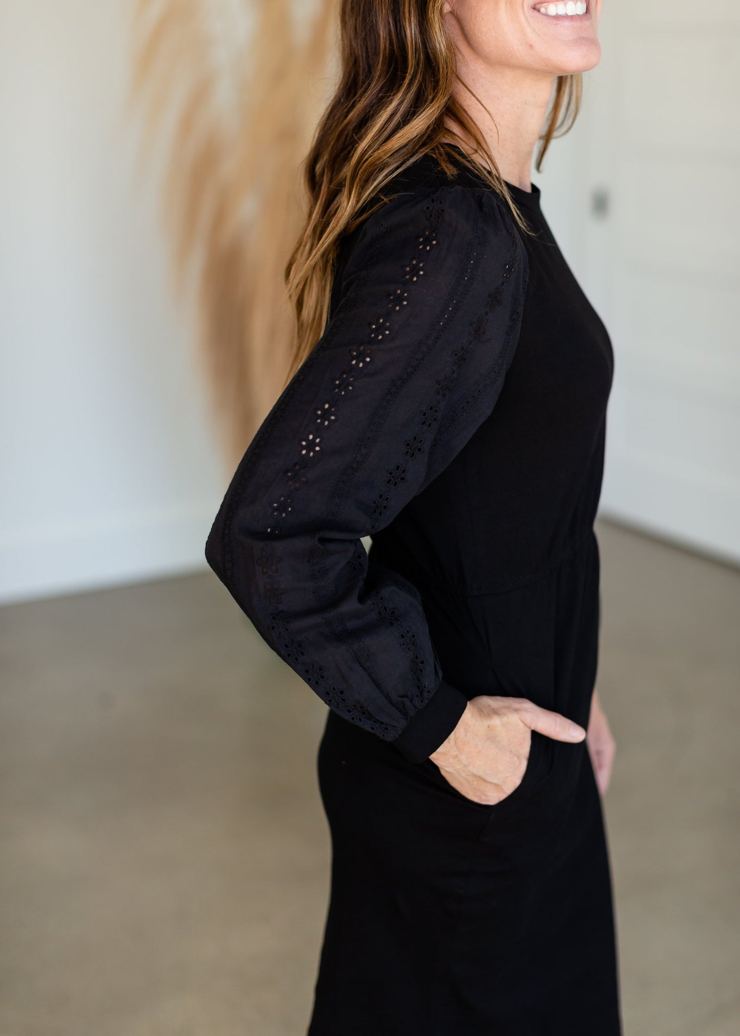 Regan Black Eyelet Puff Sleeve Midi Dress Dresses Mikarose