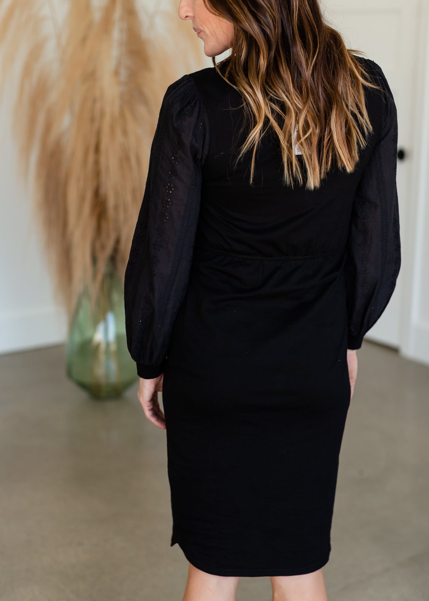 Regan Black Eyelet Puff Sleeve Midi Dress Dresses Mikarose