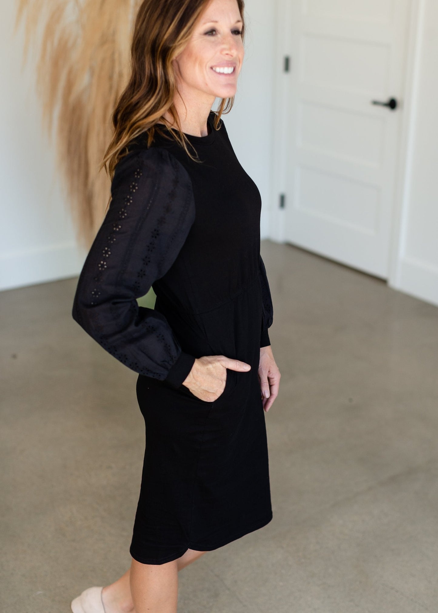 Regan Black Eyelet Puff Sleeve Midi Dress Dresses Mikarose