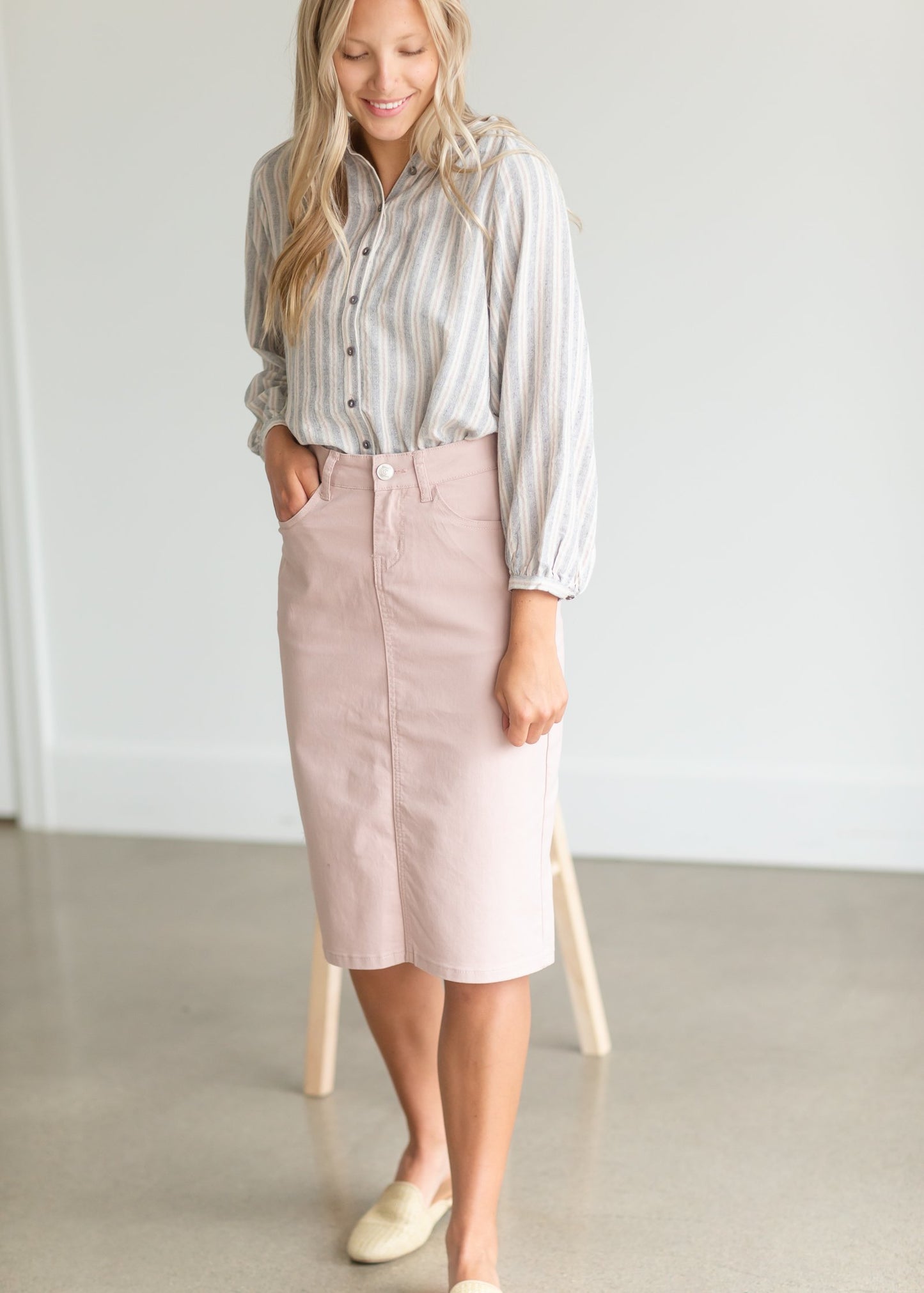 Remi Blush Denim Midi Skirt Skirts Inherit