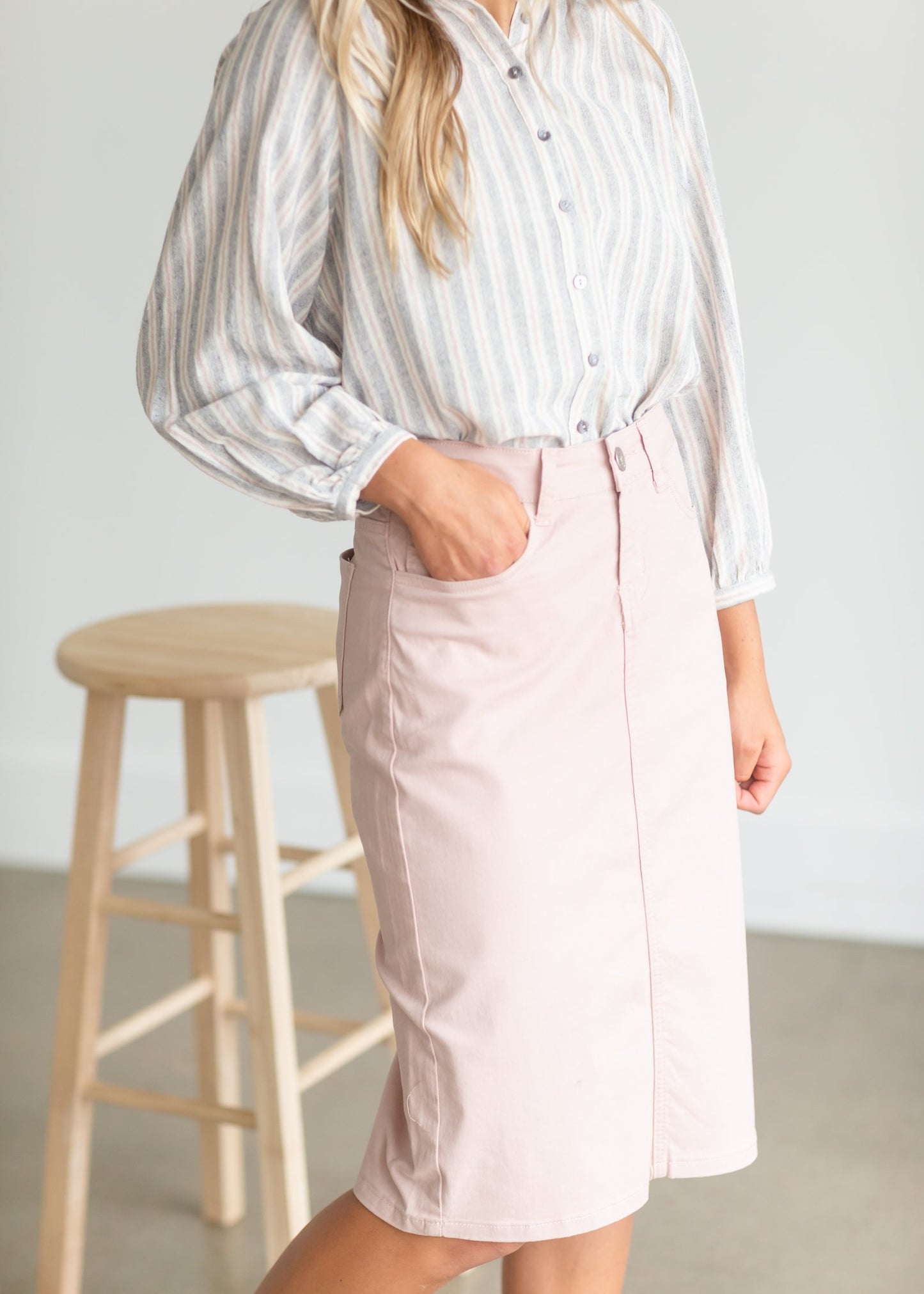 Remi Blush Denim Midi Skirt Skirts Inherit