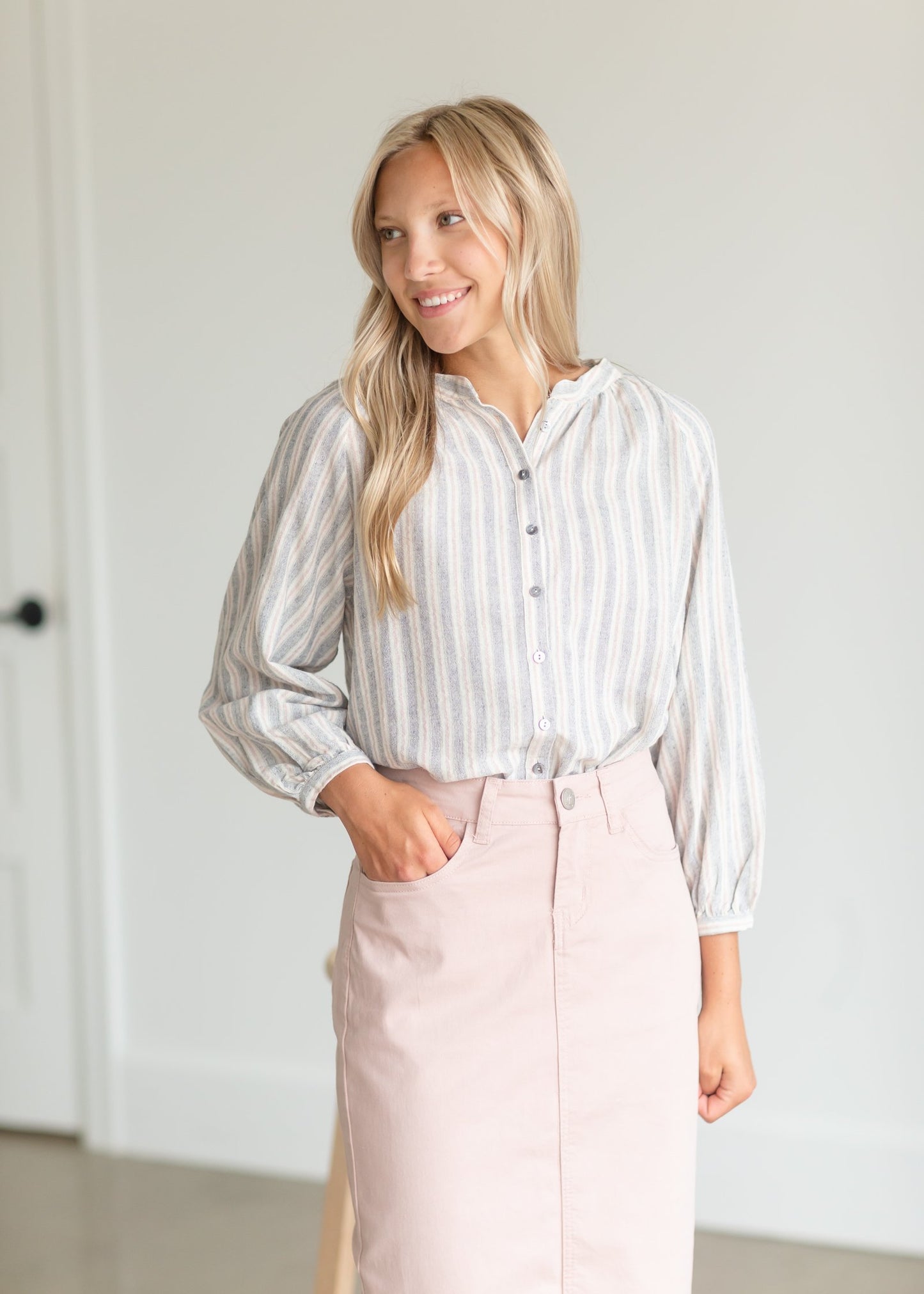 Remi Blush Denim Midi Skirt Skirts Inherit