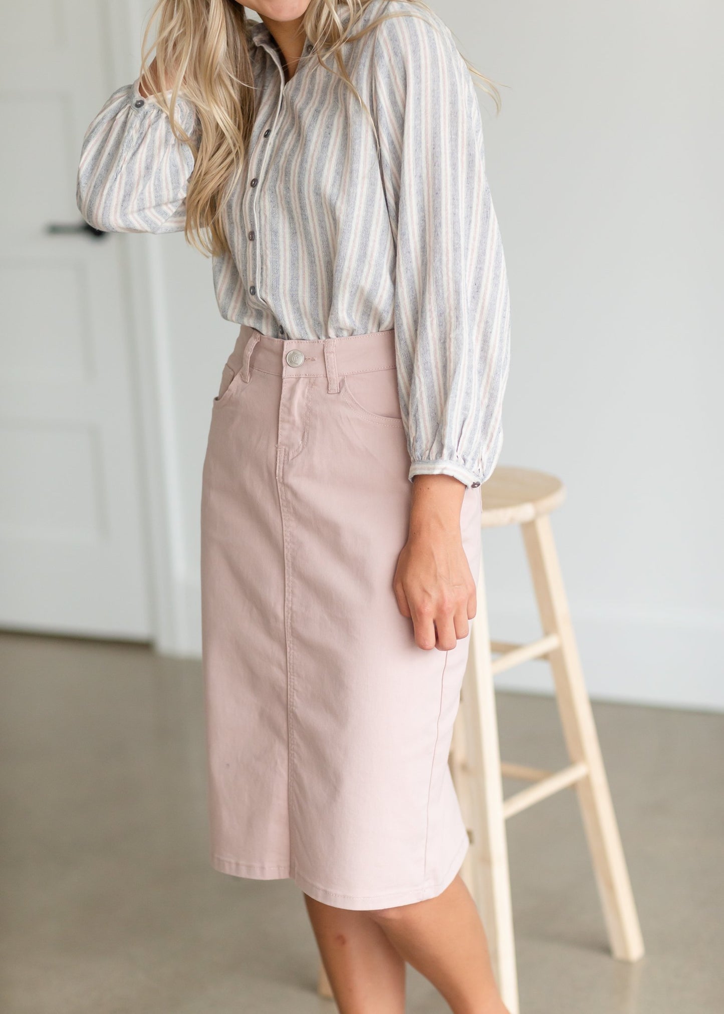 Remi Blush Denim Midi Skirt Skirts Inherit