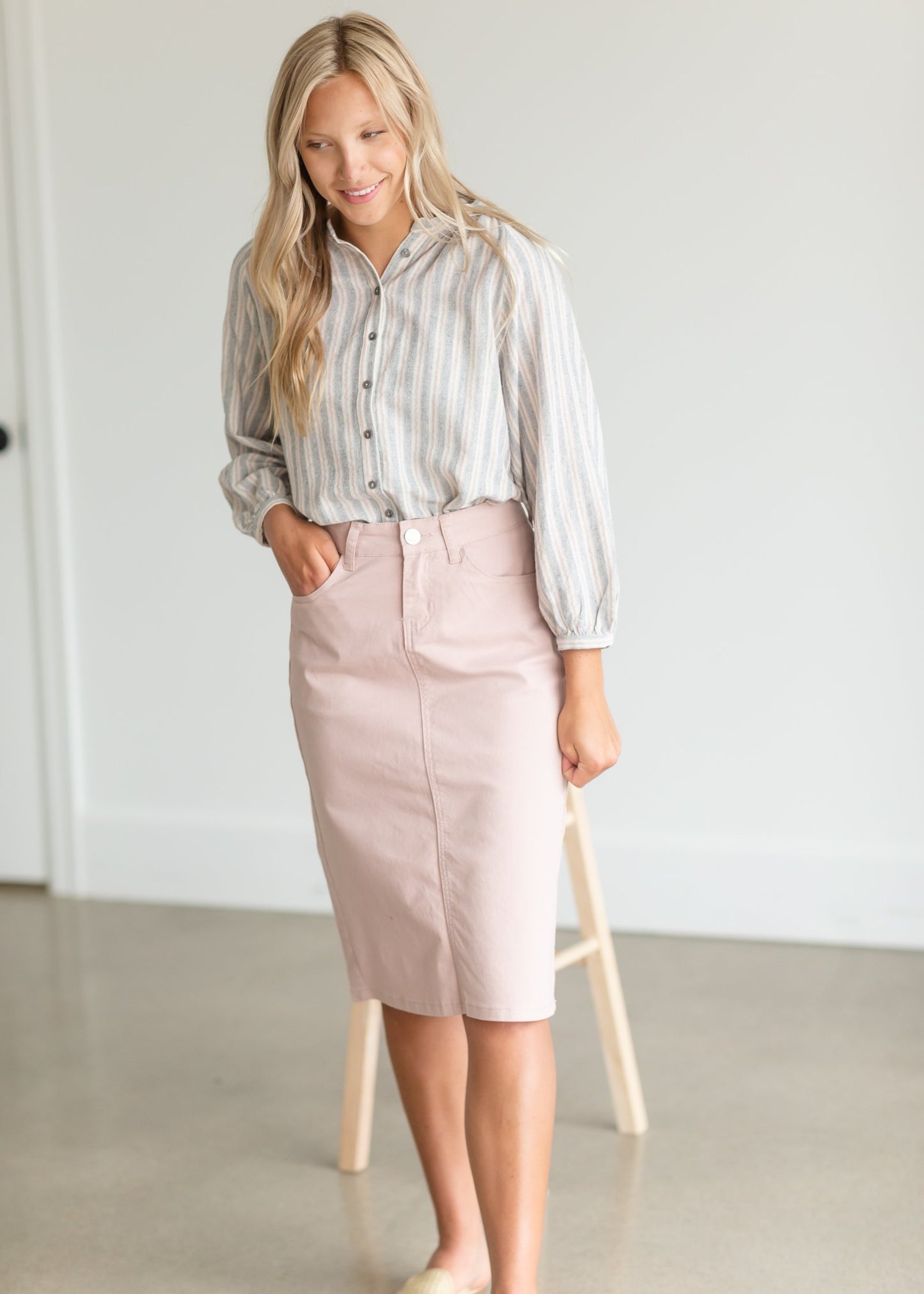 Remi Blush Denim Midi Skirt Skirts Inherit