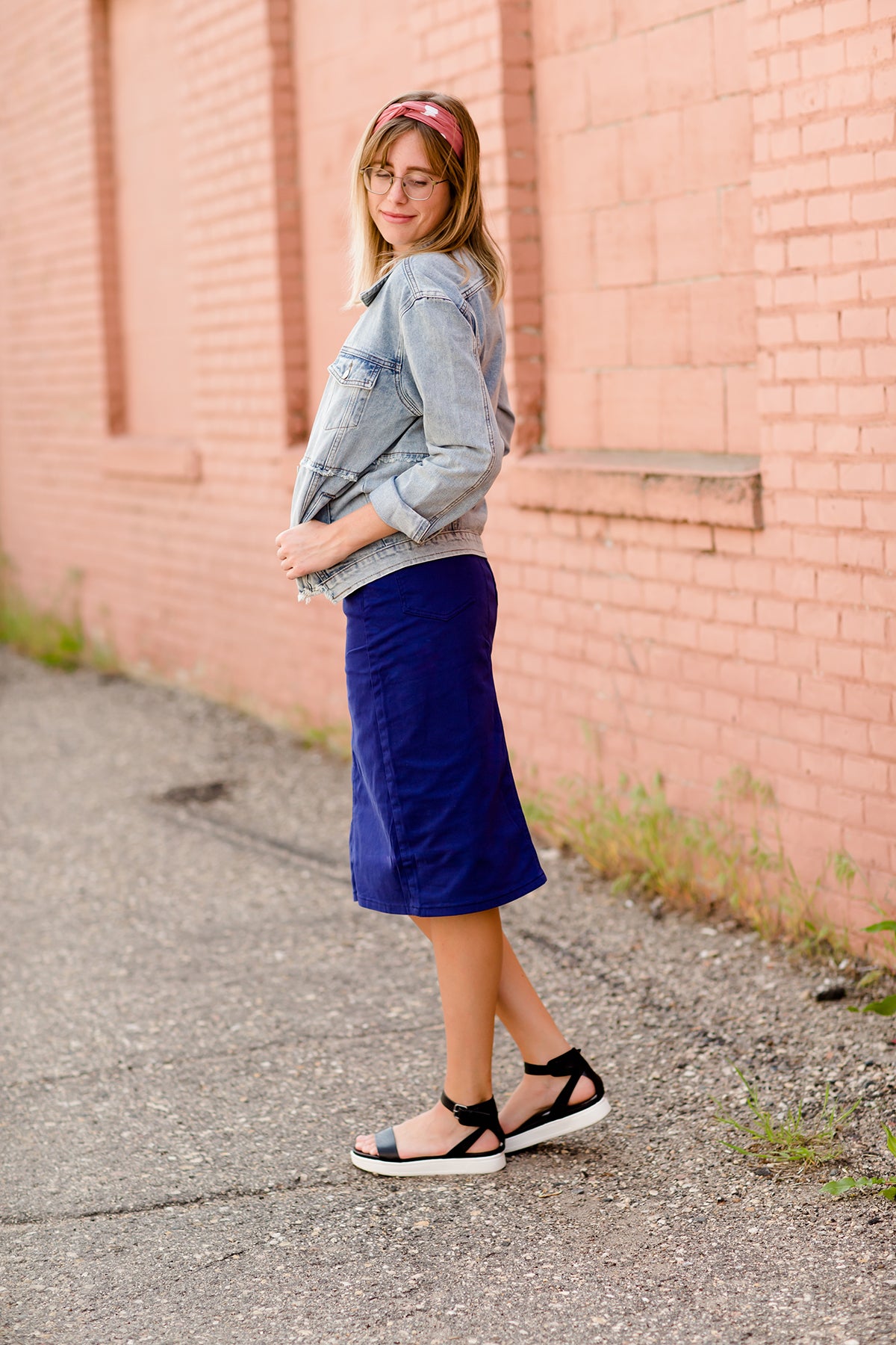 women's modest cobalt blue below the knee denim jean skirt