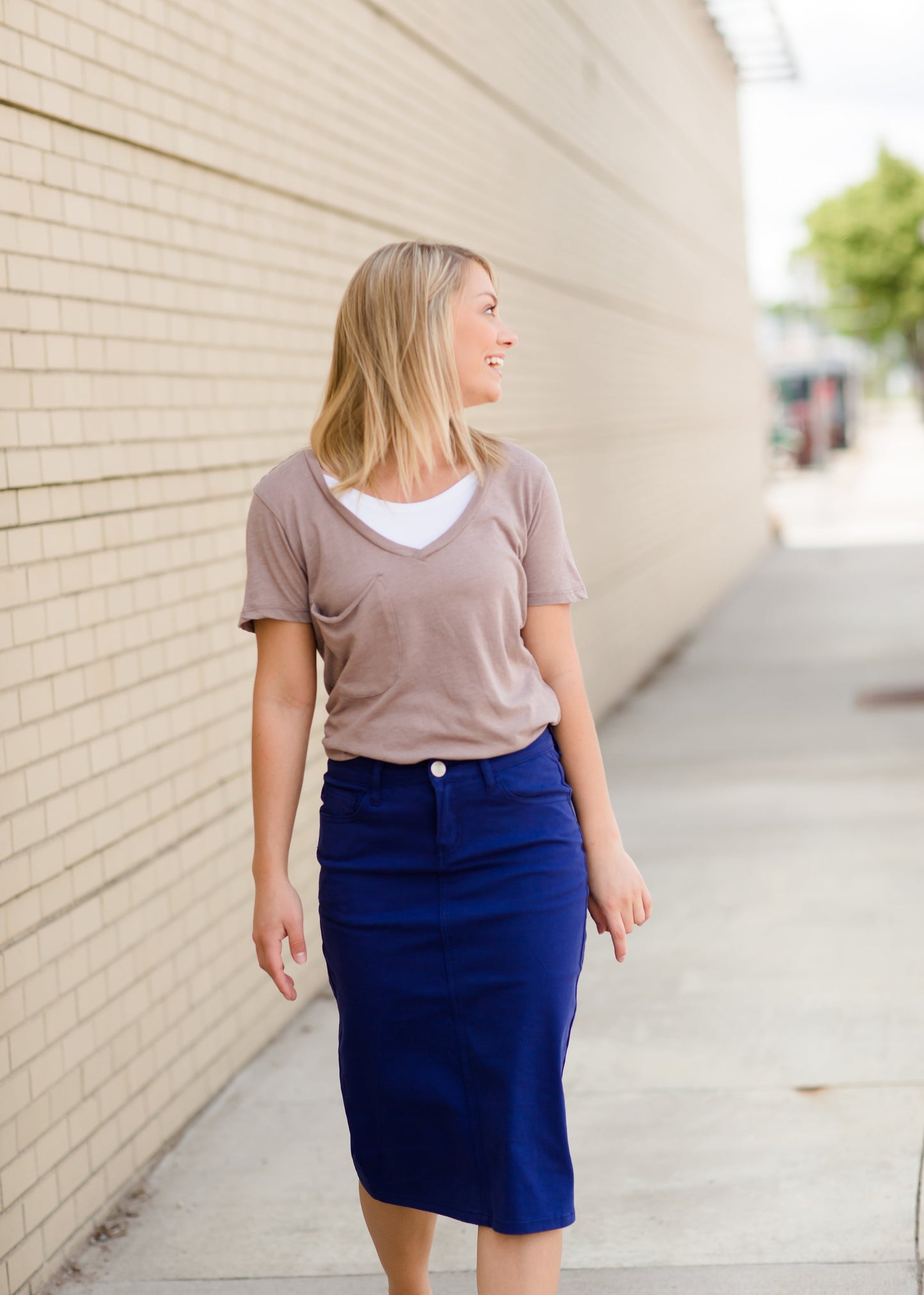 women's modest cobalt blue below the knee denim jean skirt