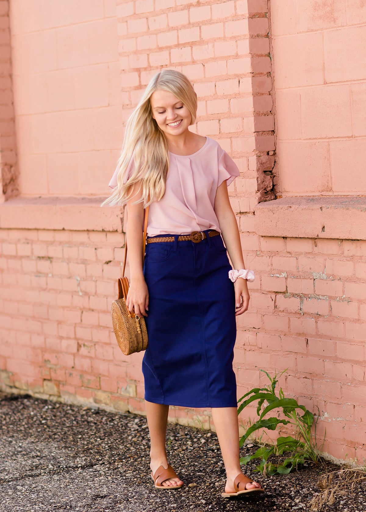 women's modest cobalt blue below the knee denim jean skirt