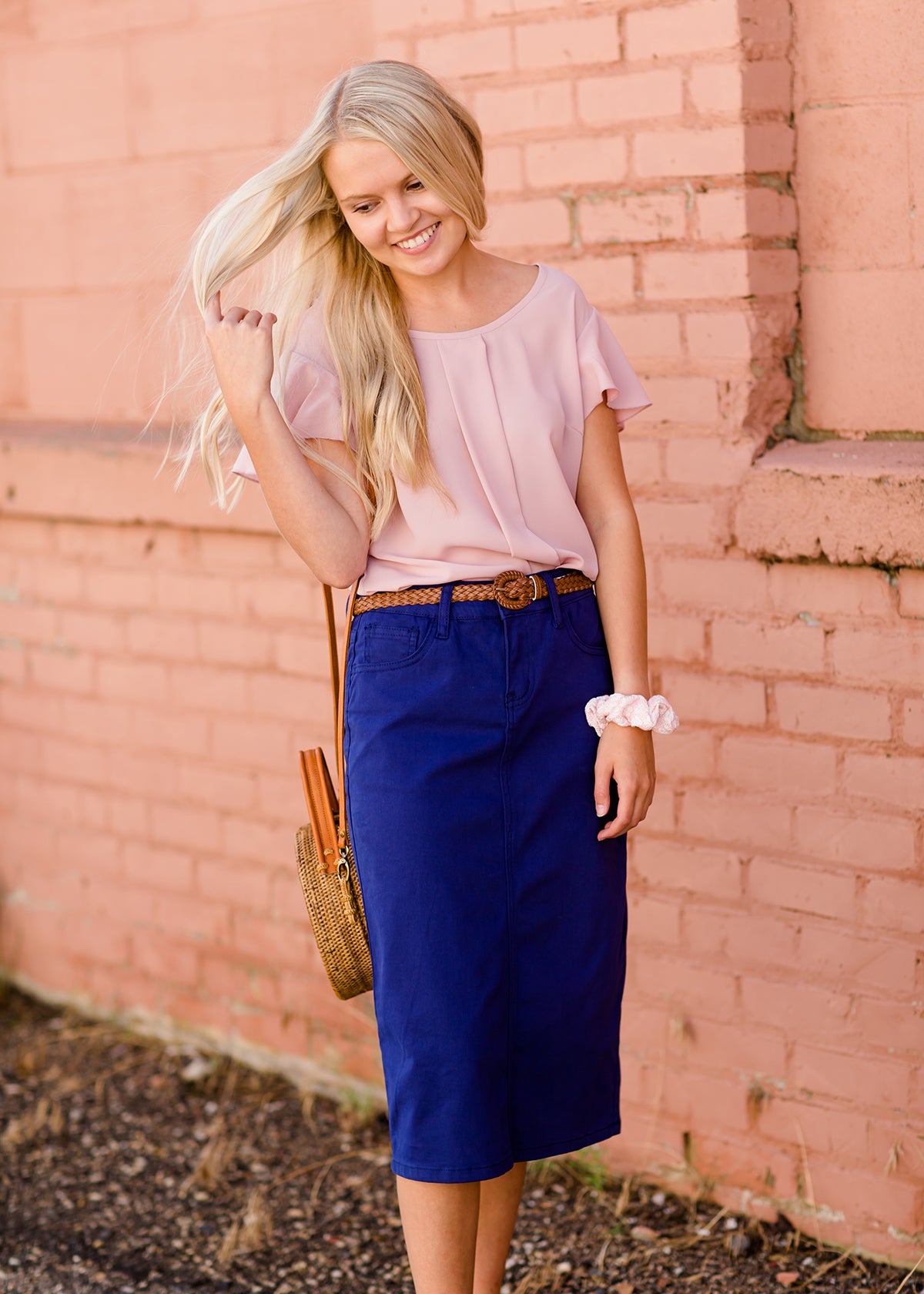 women's modest cobalt blue below the knee denim jean skirt