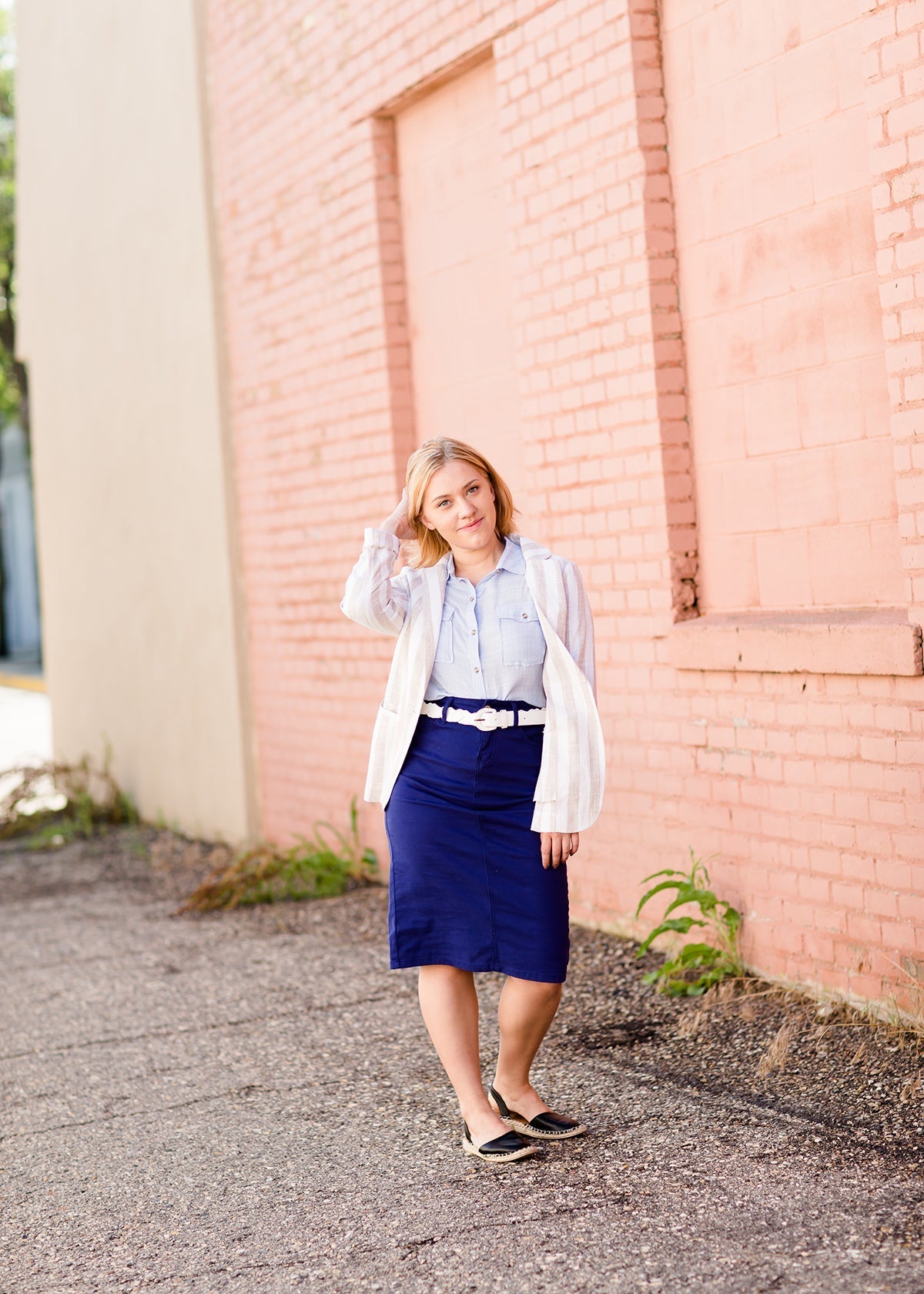 women's modest cobalt blue below the knee denim jean skirt
