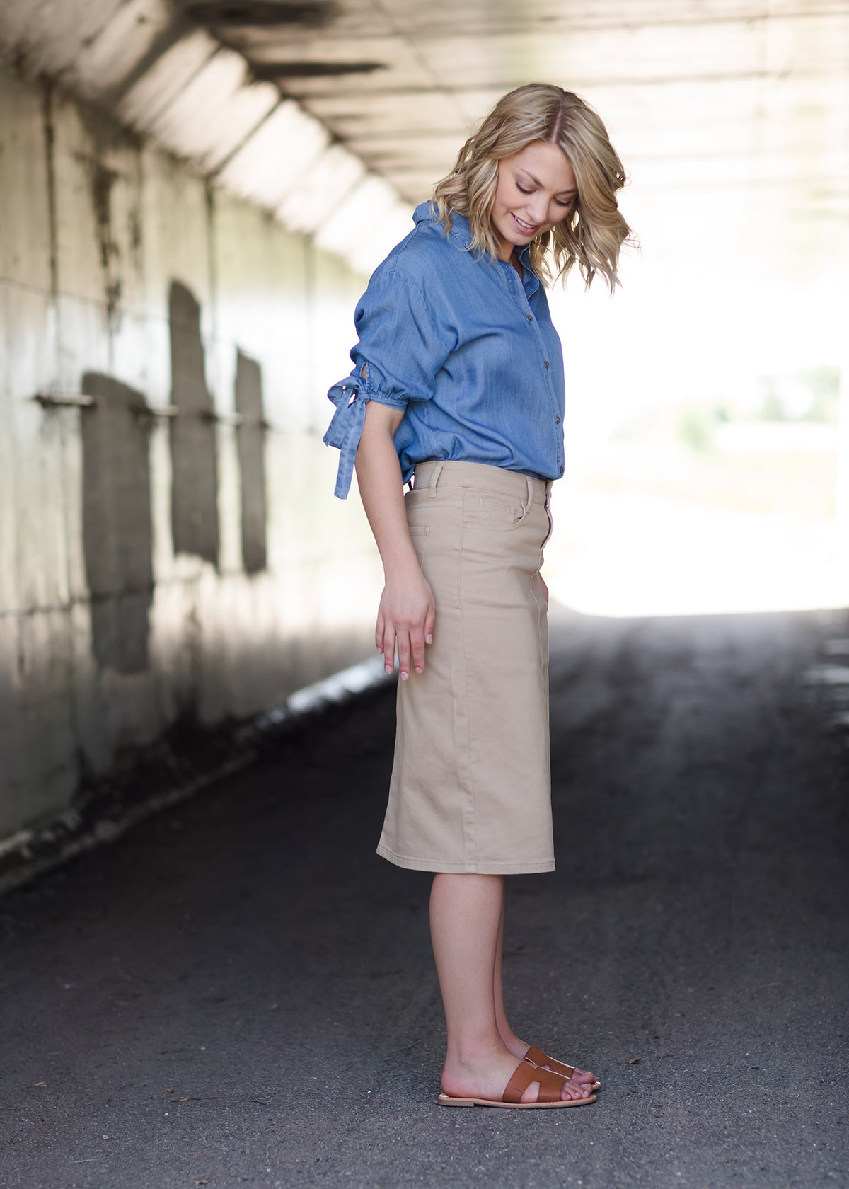 women's light khaki midi jean skirt