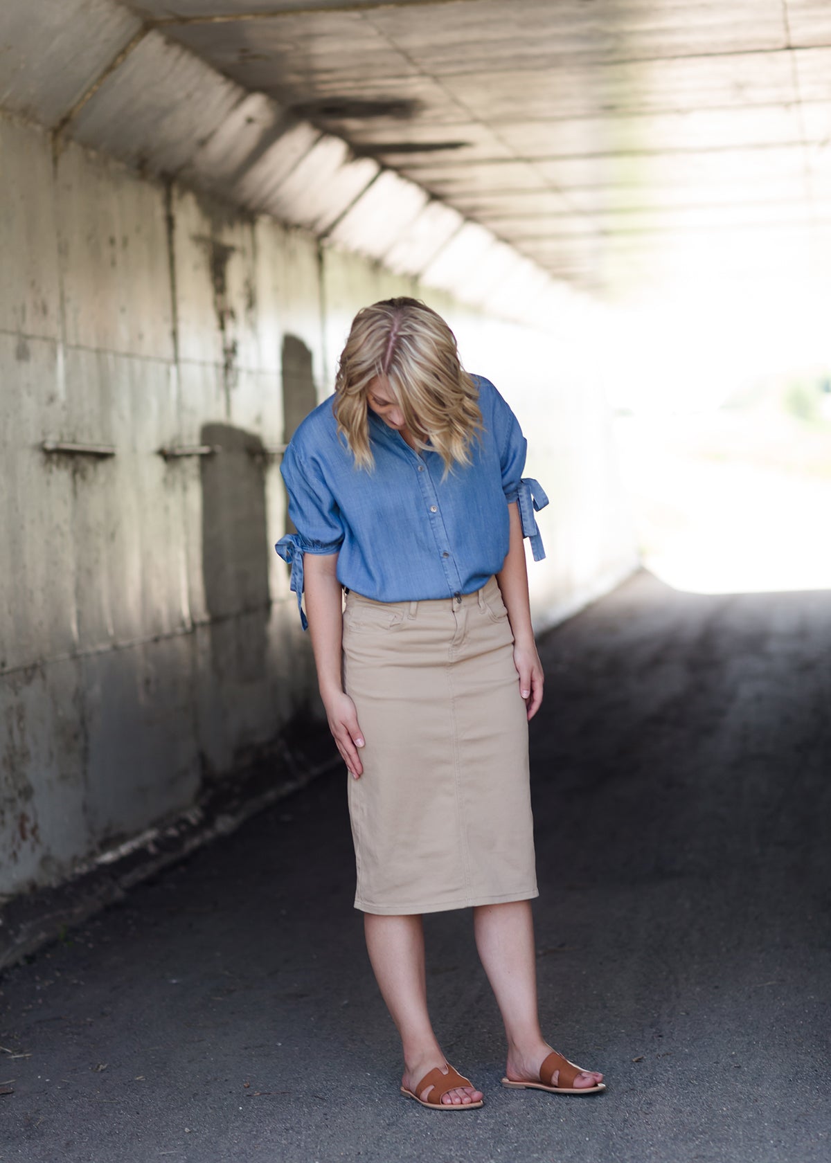 women's light khaki midi jean skirt