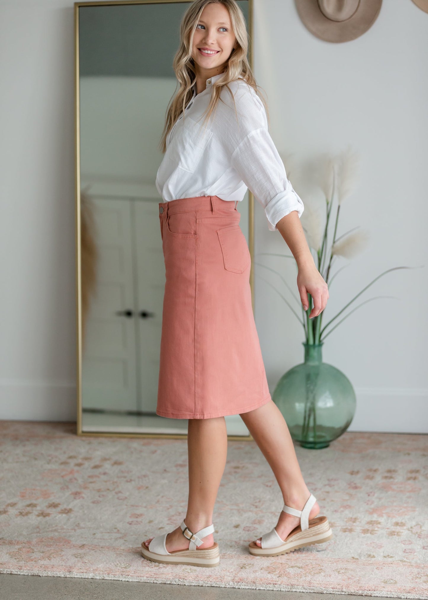 Remi Pink Clay Denim Midi Skirt Sheer Dent Beauty