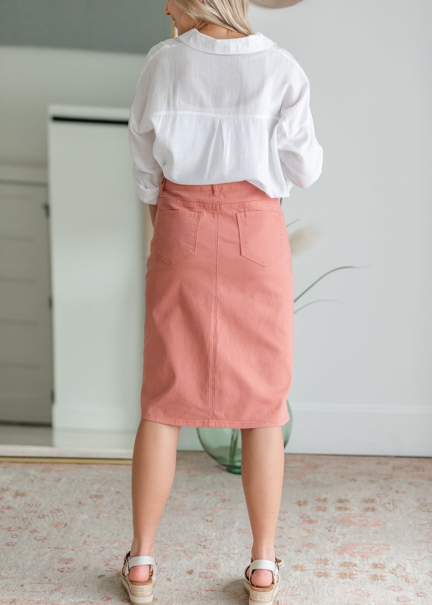 Remi Pink Clay Denim Midi Skirt Sheer Dent Beauty