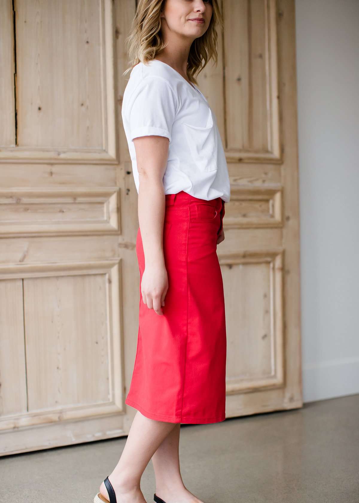 modest women's red midi denim jean skirt