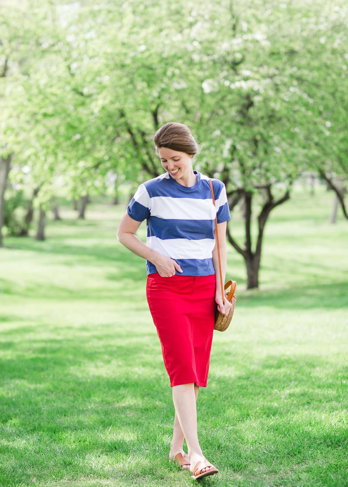 modest women's red midi denim jean skirt