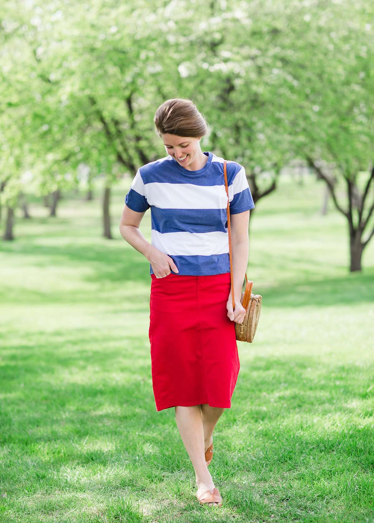 modest women's red midi denim jean skirt