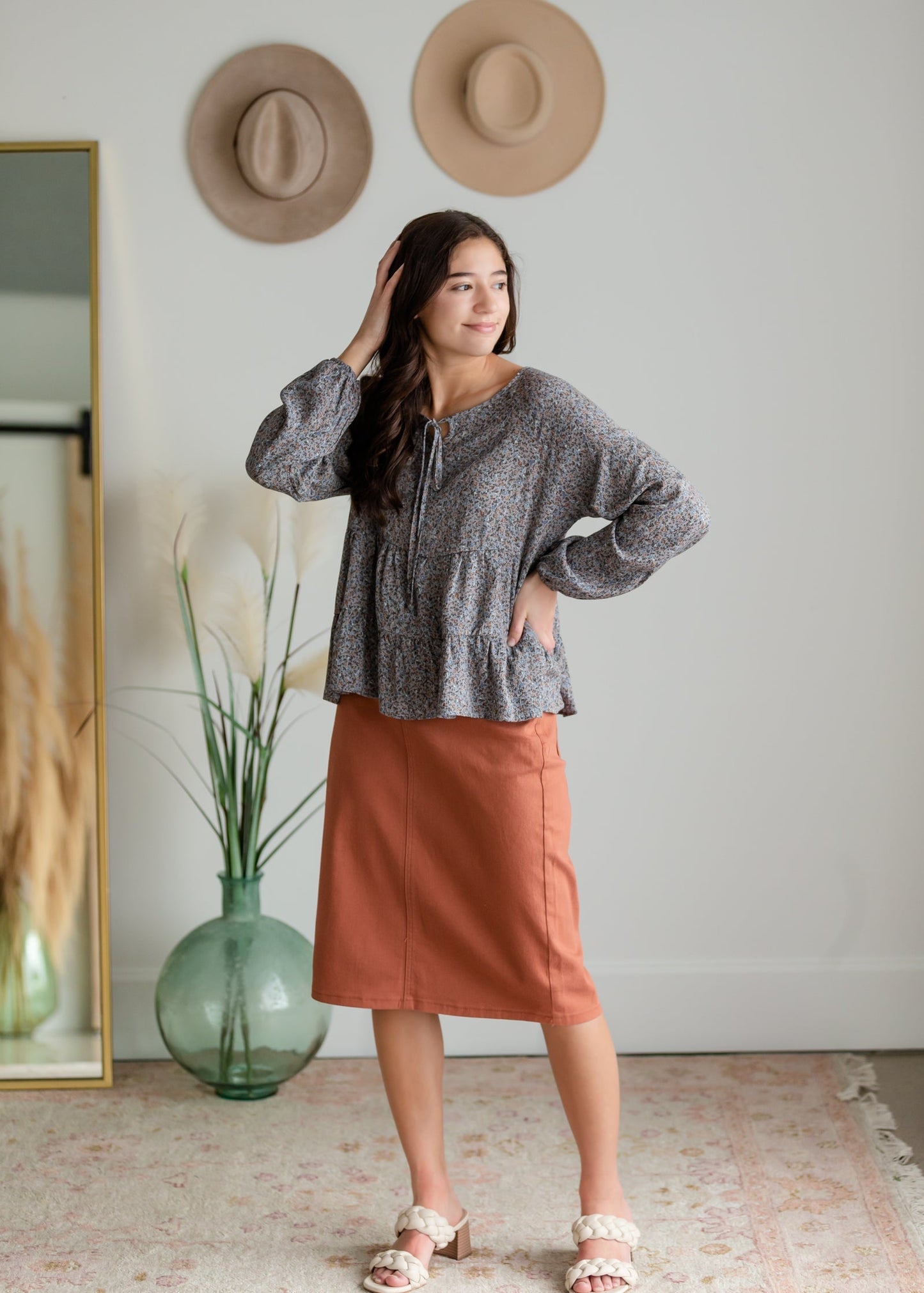 Remi Rusty Brick Denim Midi Skirt Sheer Dent Beauty