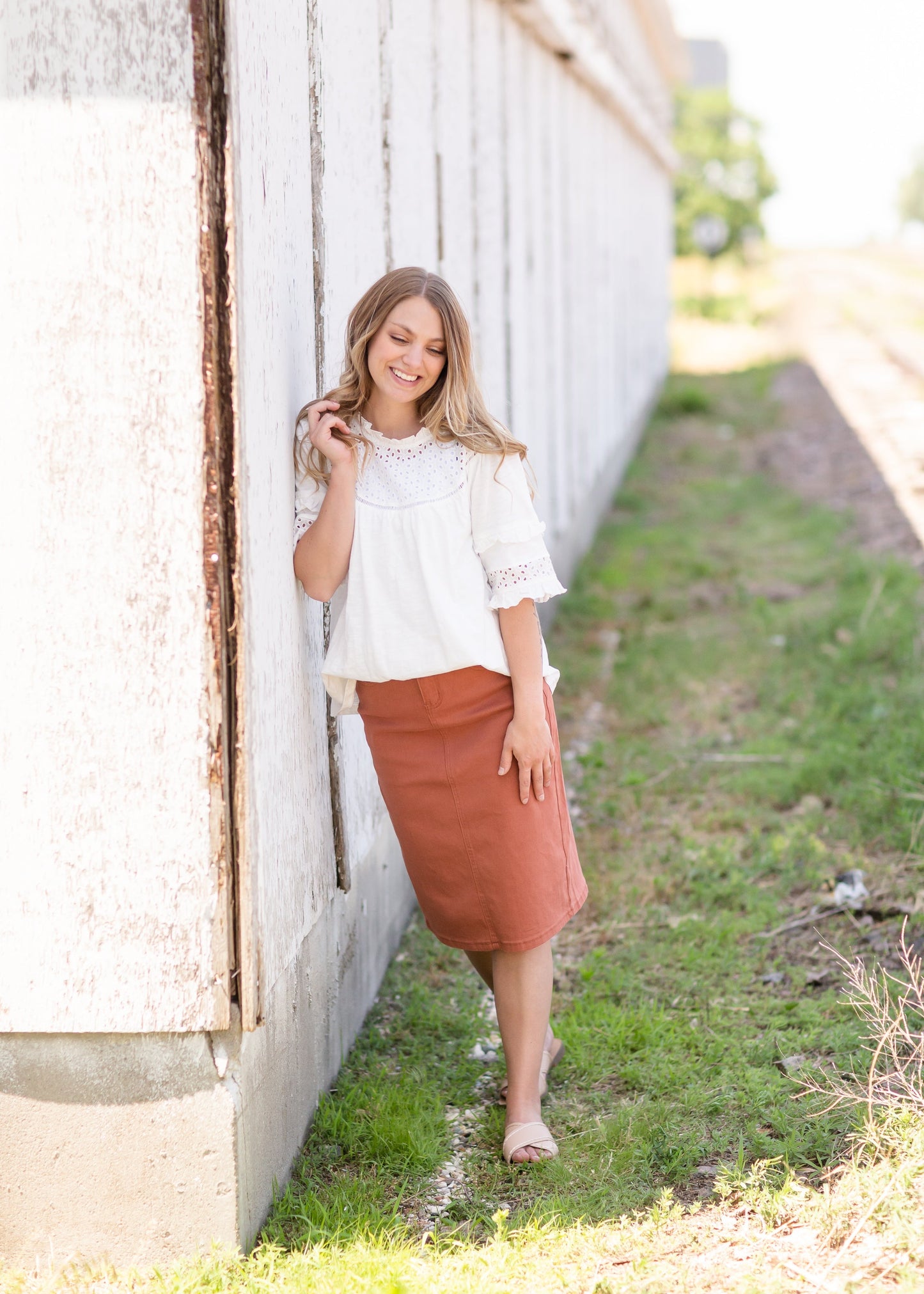 Remi Rusty Brick Denim Midi Skirt Skirts